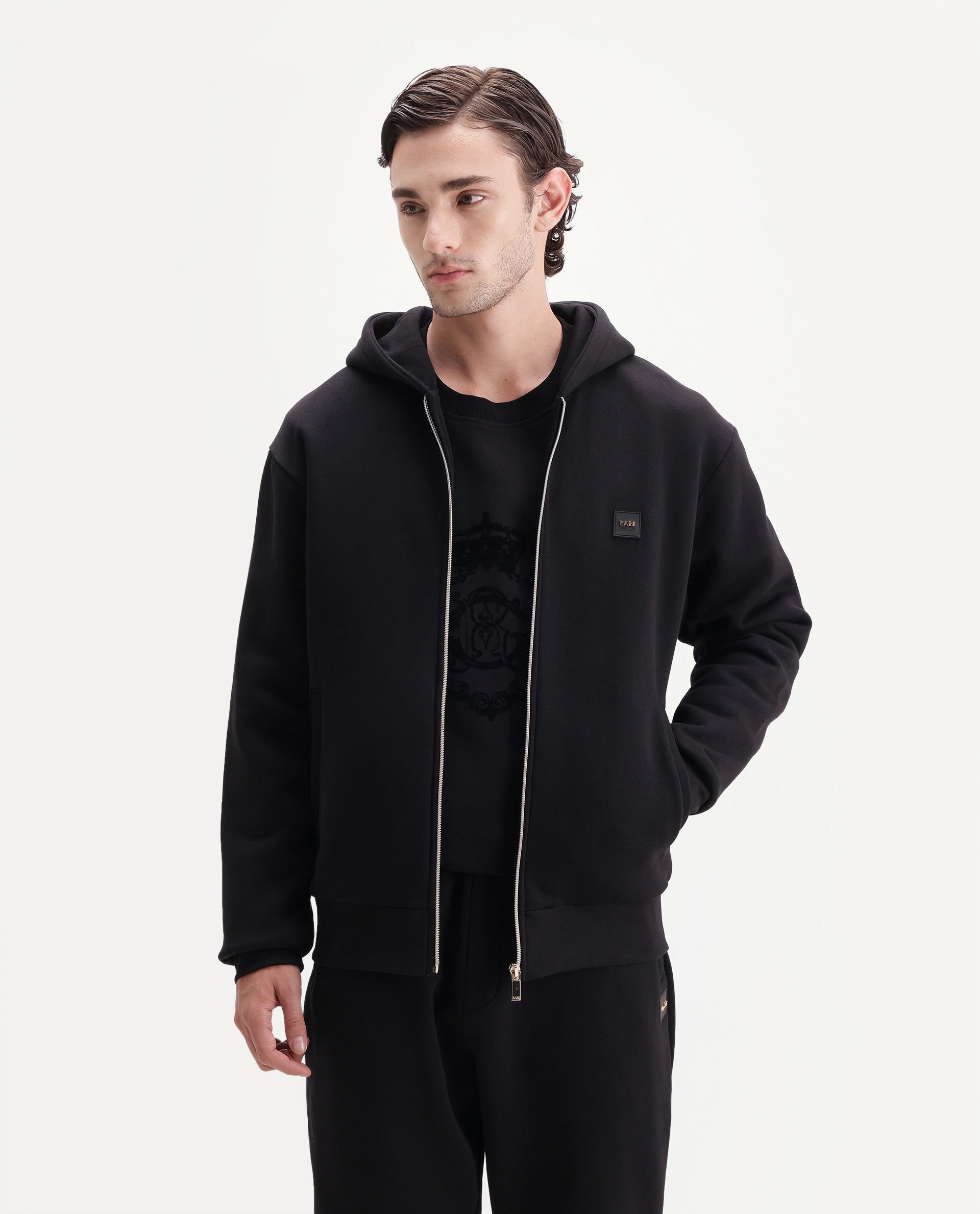 Rare Rabbit Men's Anderson-A26 Primary Black Cotton Blend Hooded Zipper Regular Plain Sweatshirt