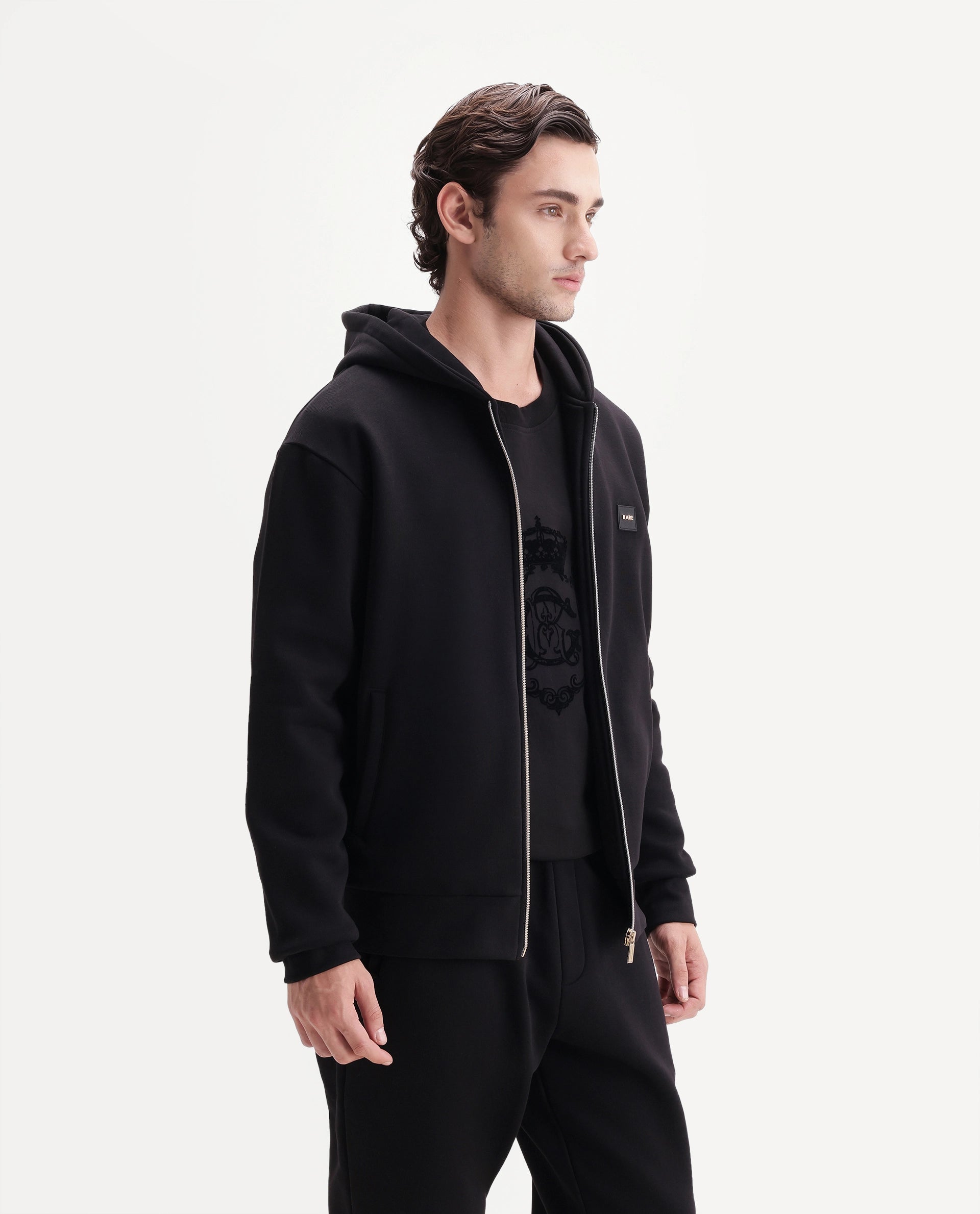 Rare Rabbit Men's Anderson-A26 Primary Black Cotton Blend Hooded Zipper Regular Plain Sweatshirt