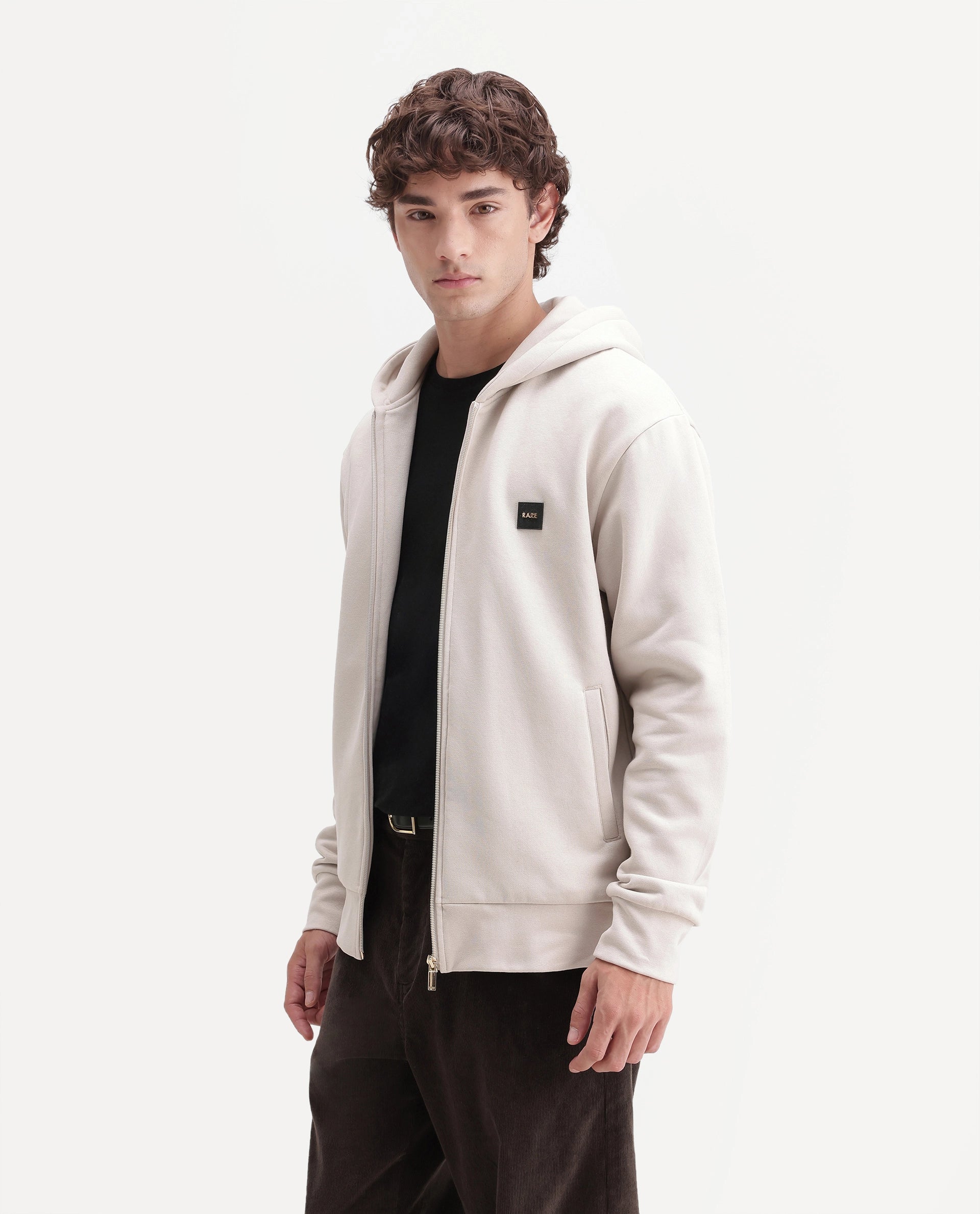 Rare Rabbit Men's Anderson-A26 Primary Off White Cotton Blend Hooded Zipper Regular Plain Sweatshirt