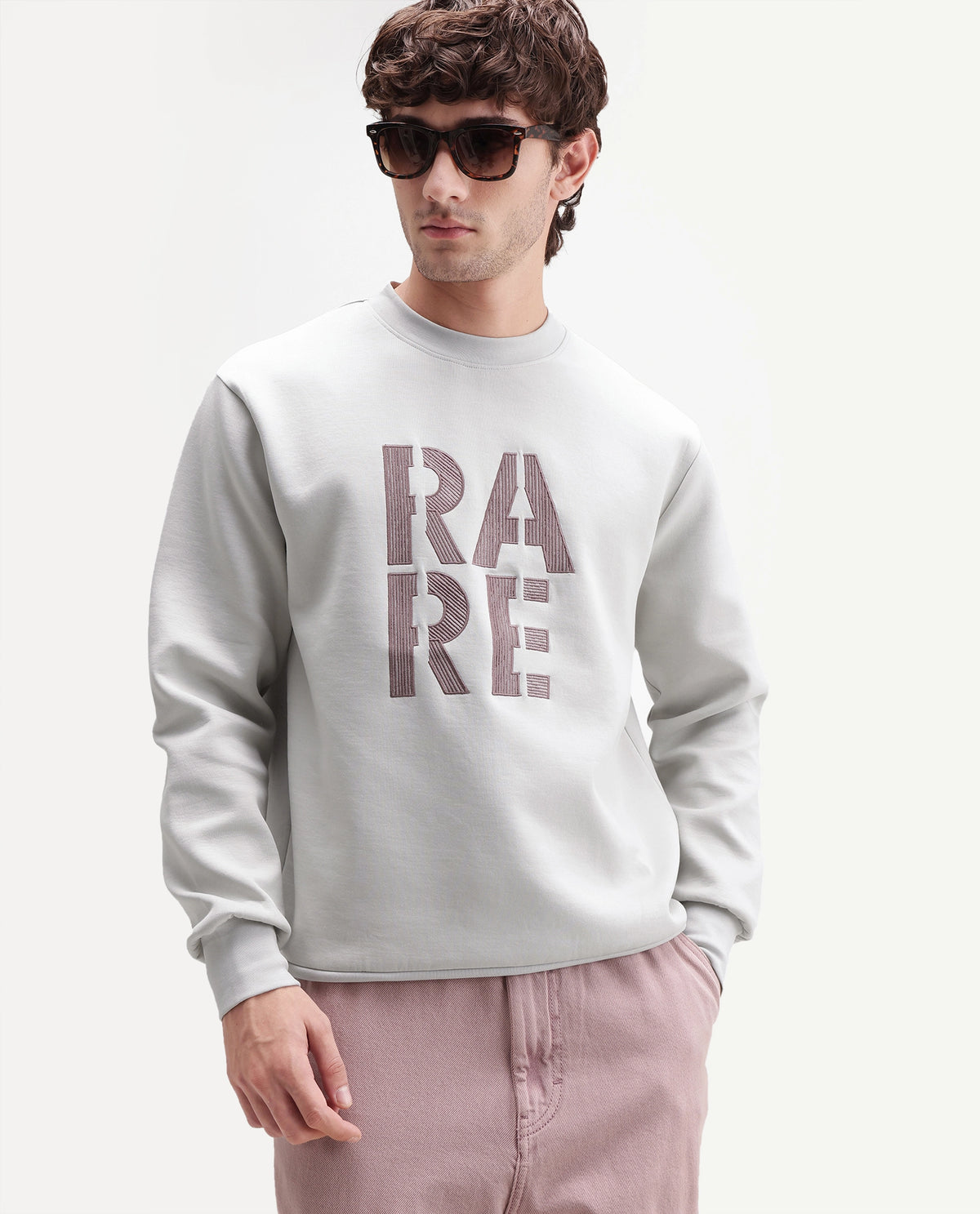 Rare Rabbit Men's Bazo Dusky Grey Cotton Blend Crew Neck Regular Embroidered Sweatshirt