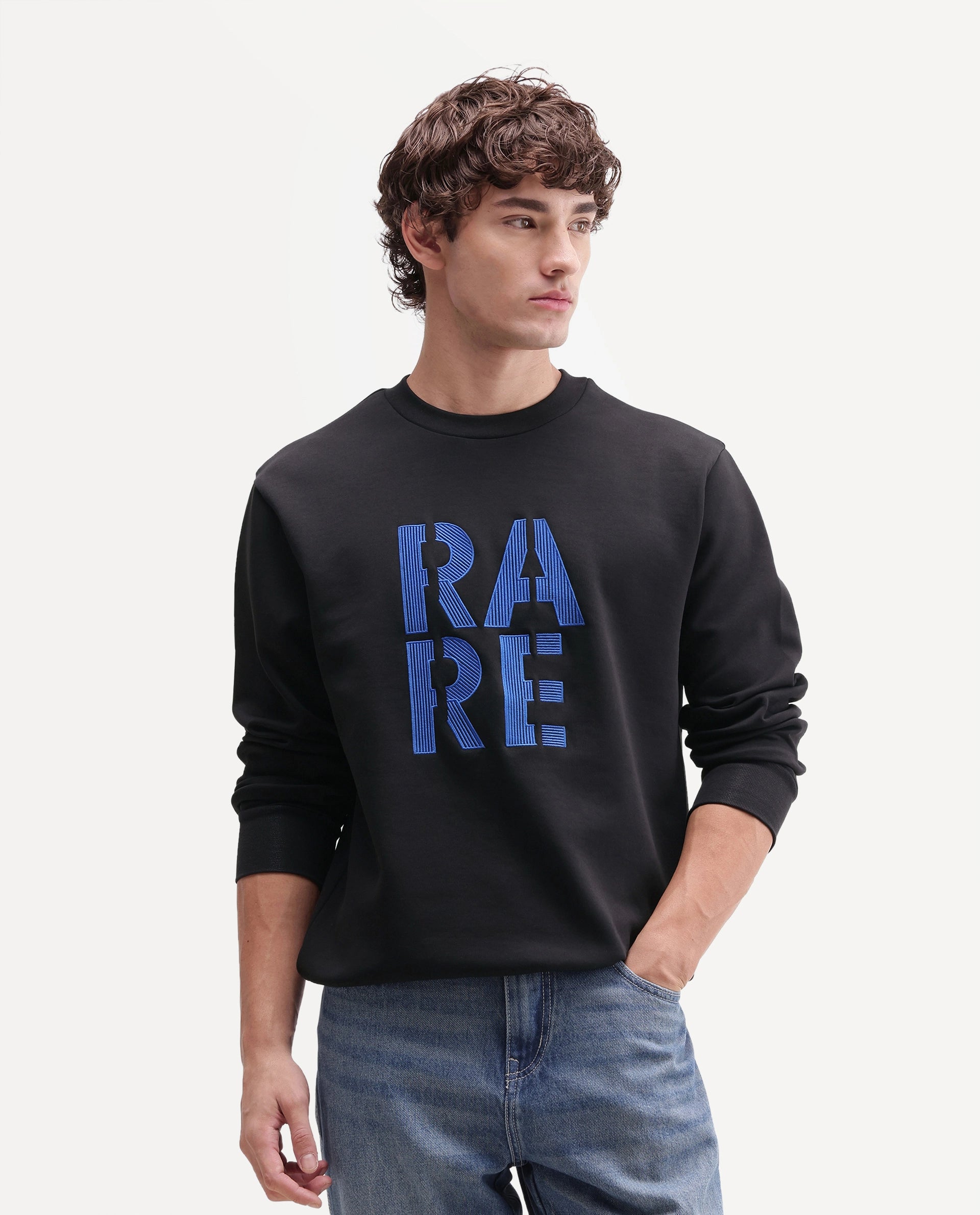 Rare Rabbit Men's Bazo Primary Black Cotton Blend Crew Neck Regular Embroidered Sweatshirt