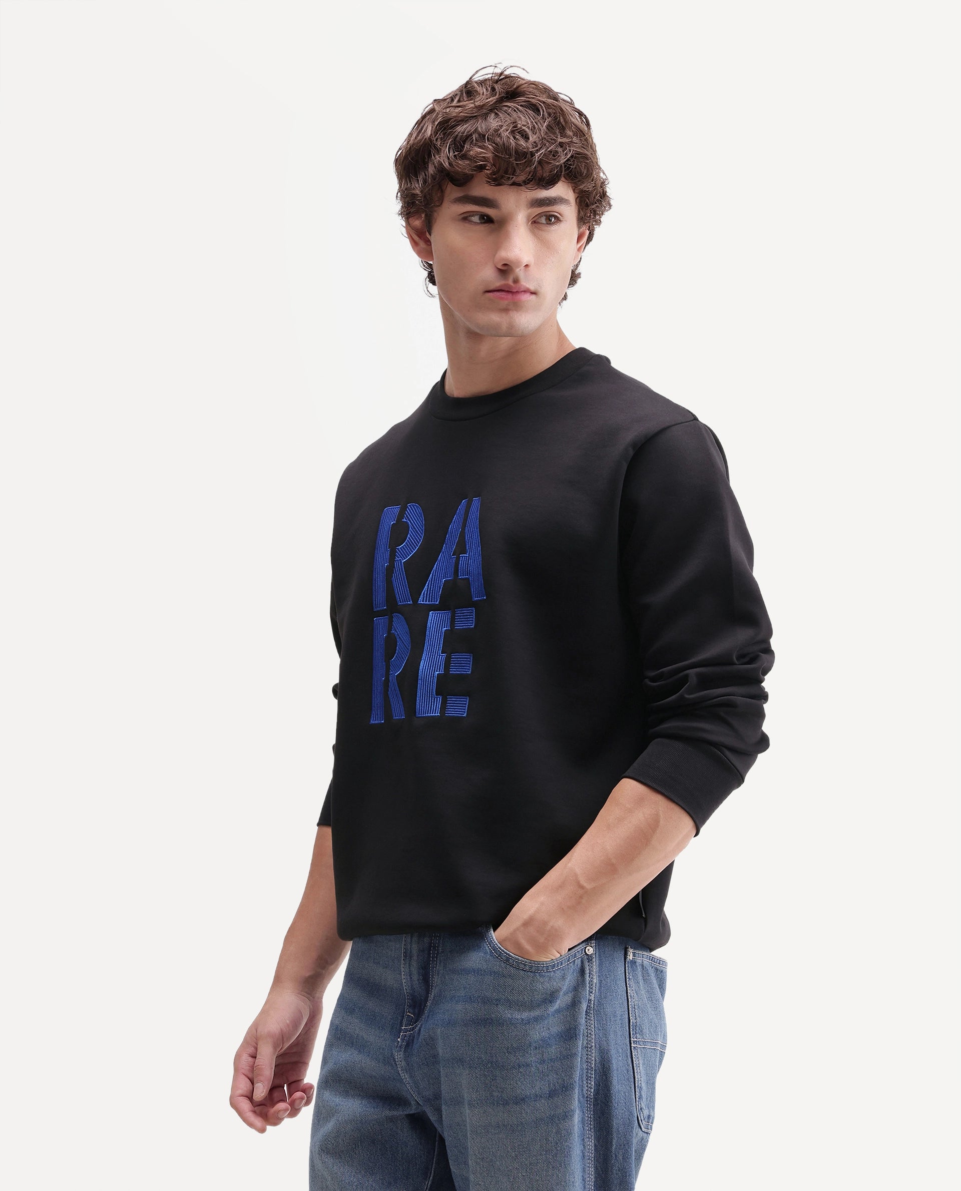 Rare Rabbit Men's Bazo Primary Black Cotton Blend Crew Neck Regular Embroidered Sweatshirt