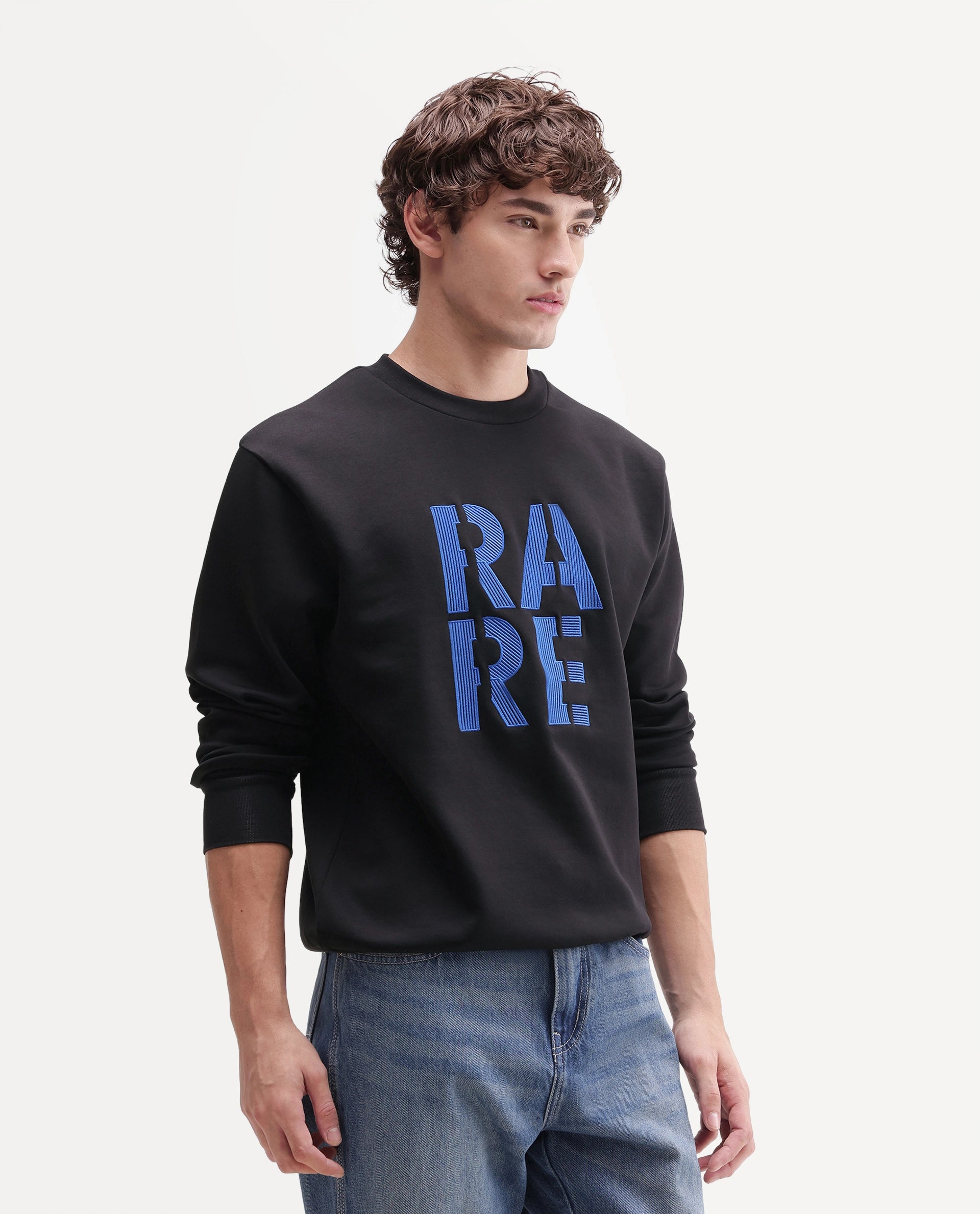 Rare Rabbit Men's Bazo Primary Black Cotton Blend Crew Neck Regular Embroidered Sweatshirt