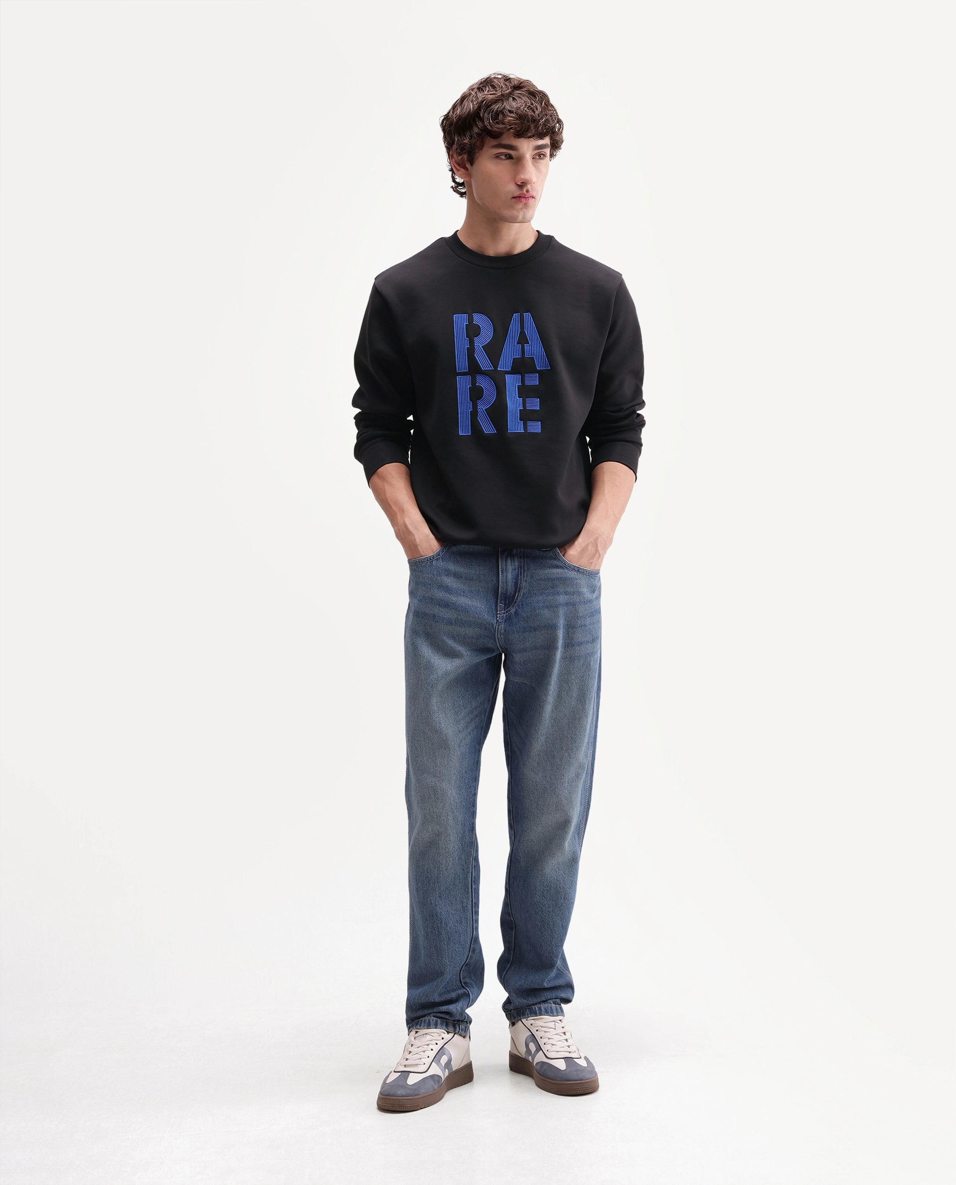 Rare Rabbit Men's Bazo Primary Black Cotton Blend Crew Neck Regular Embroidered Sweatshirt
