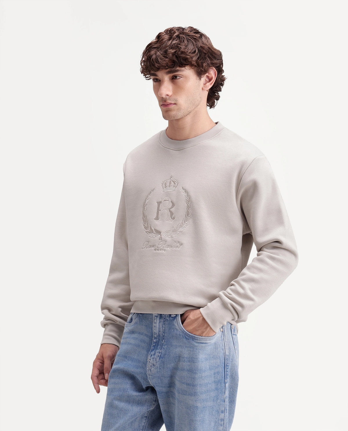 Rare Rabbit Men's Break Primary Beige Cotton Blend Crew Neck Regular Embroidered Sweatshirt