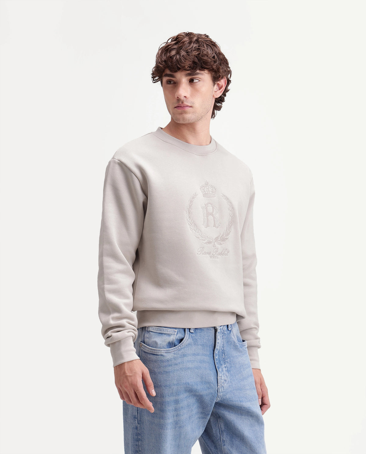 Rare Rabbit Men's Break Primary Beige Cotton Blend Crew Neck Regular Embroidered Sweatshirt