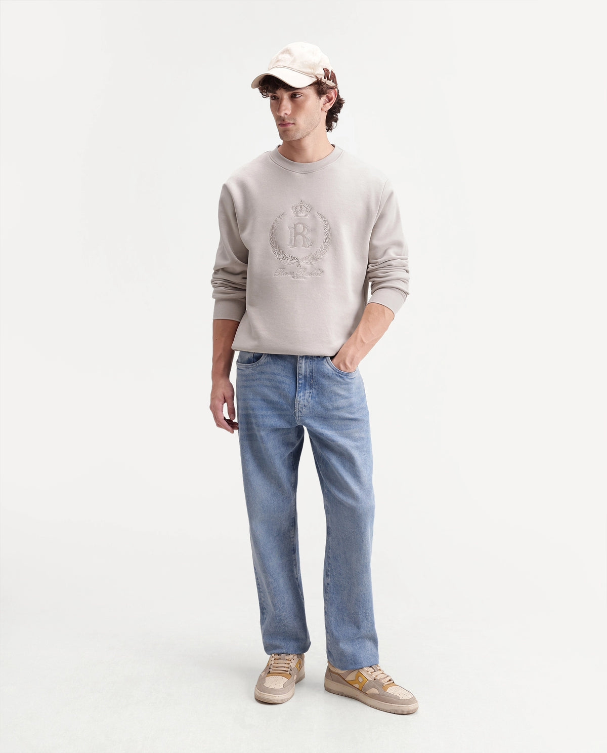 Rare Rabbit Men's Break Primary Beige Cotton Blend Crew Neck Regular Embroidered Sweatshirt
