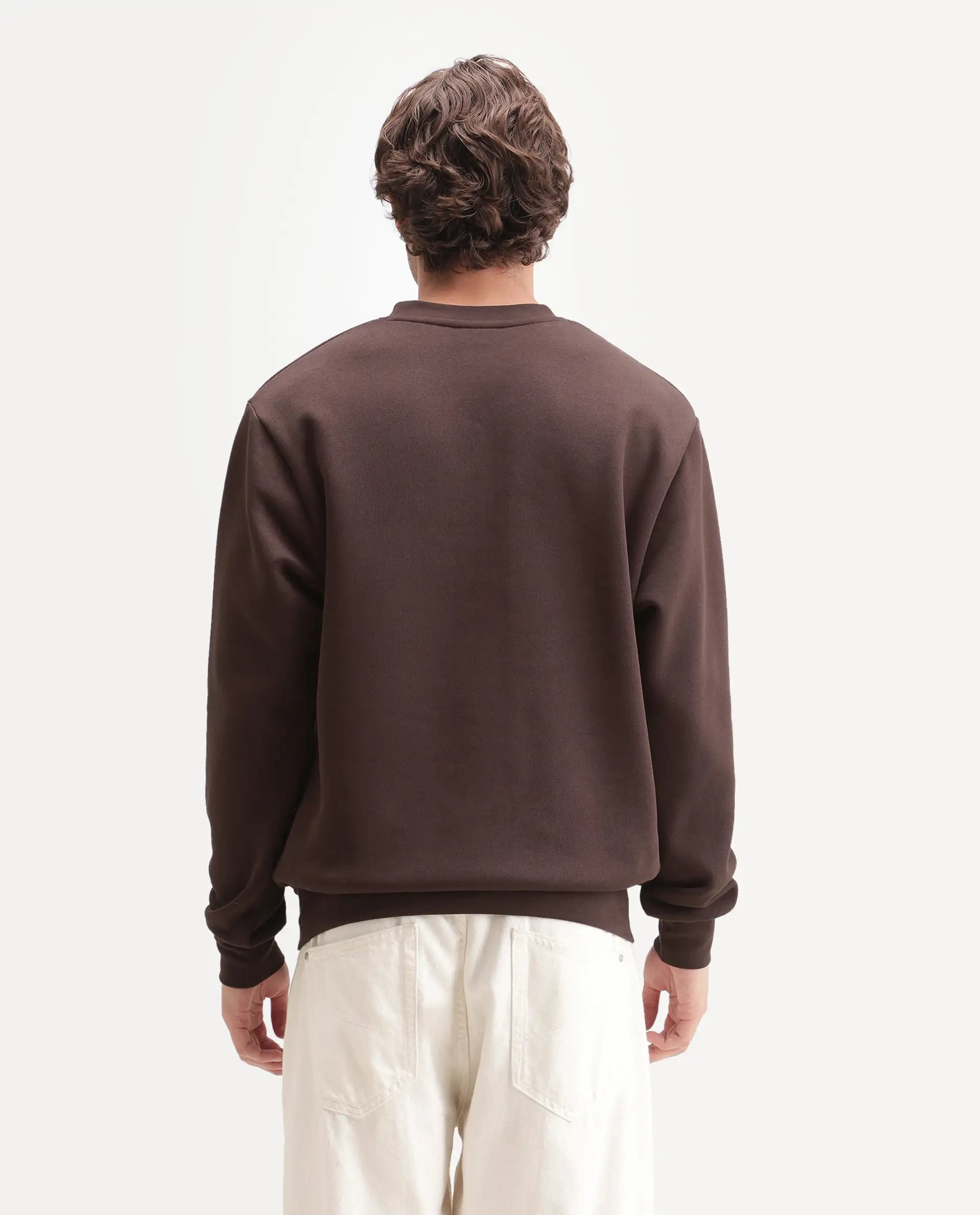 Rare Rabbit Men's Break Primary Brown Cotton Blend Crew Neck Regular Embroidered Sweatshirt