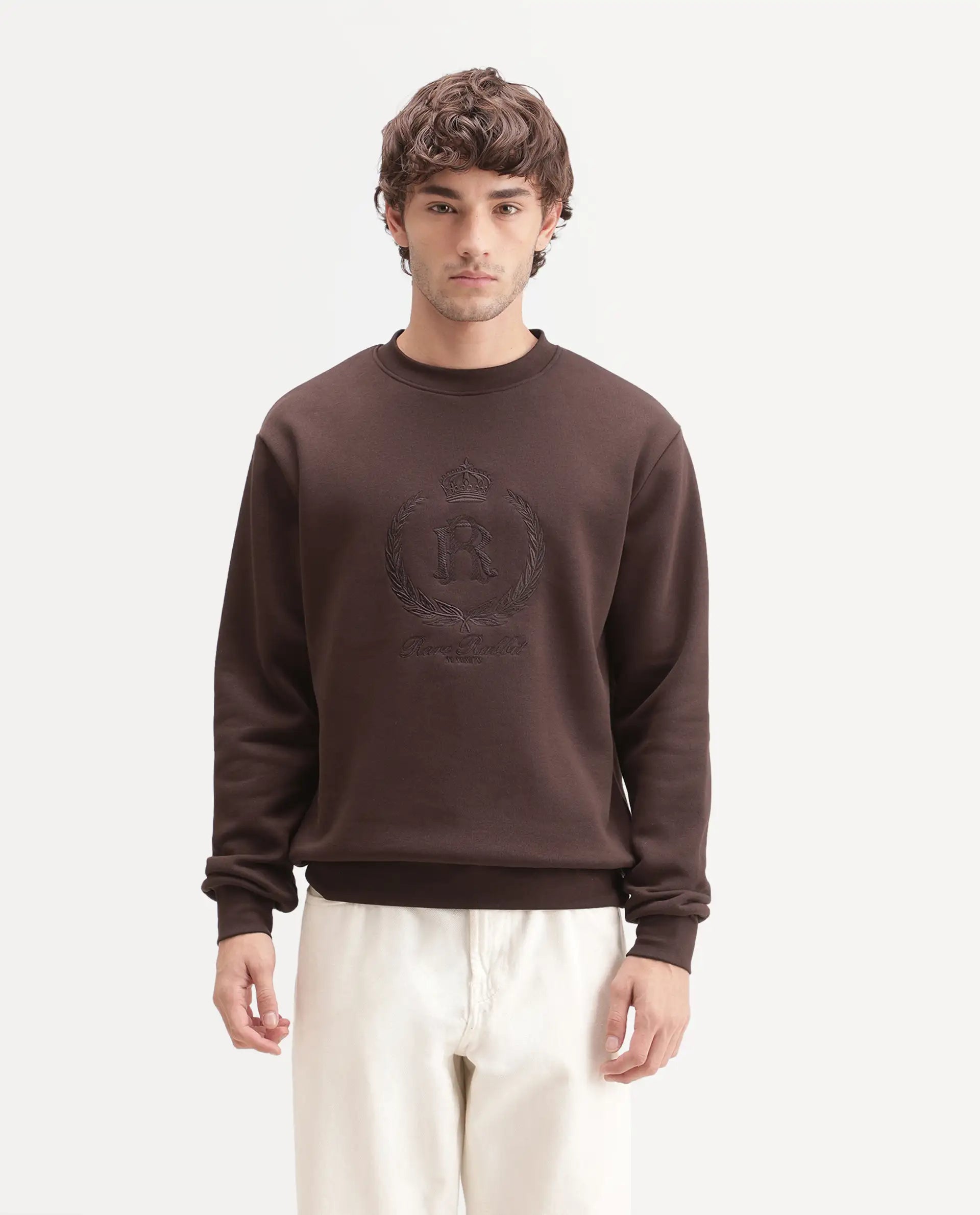 Rare Rabbit Men's Break Primary Brown Cotton Blend Crew Neck Regular Embroidered Sweatshirt