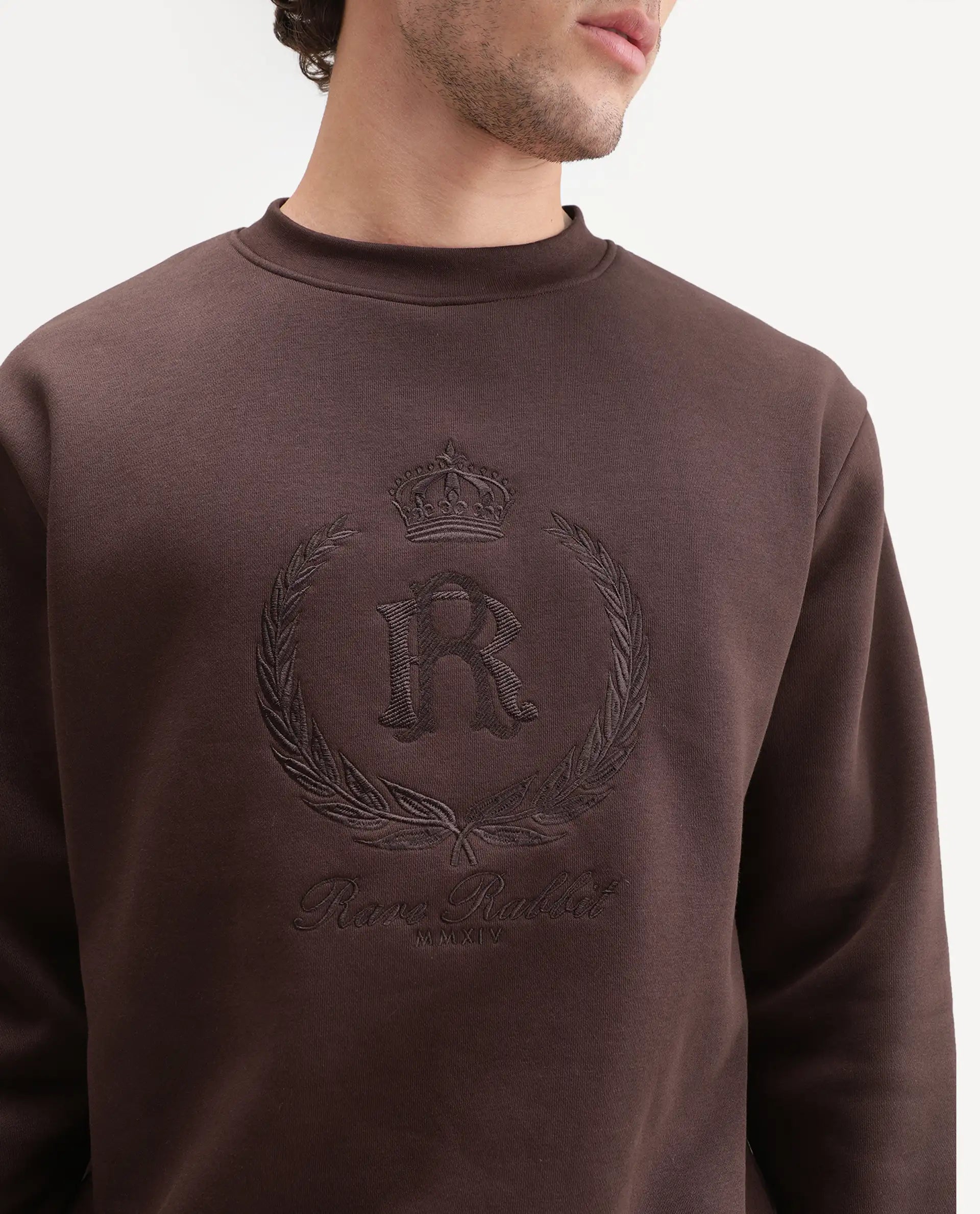 Rare Rabbit Men's Break Primary Brown Cotton Blend Crew Neck Regular Embroidered Sweatshirt