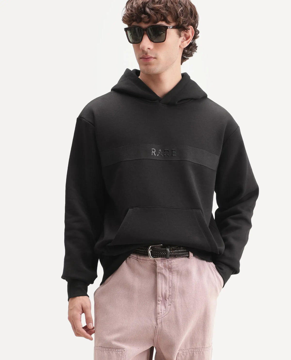 Rare Rabbit Men's Brun Primary Black Cotton Blend Hooded Regular Plain Sweatshirt