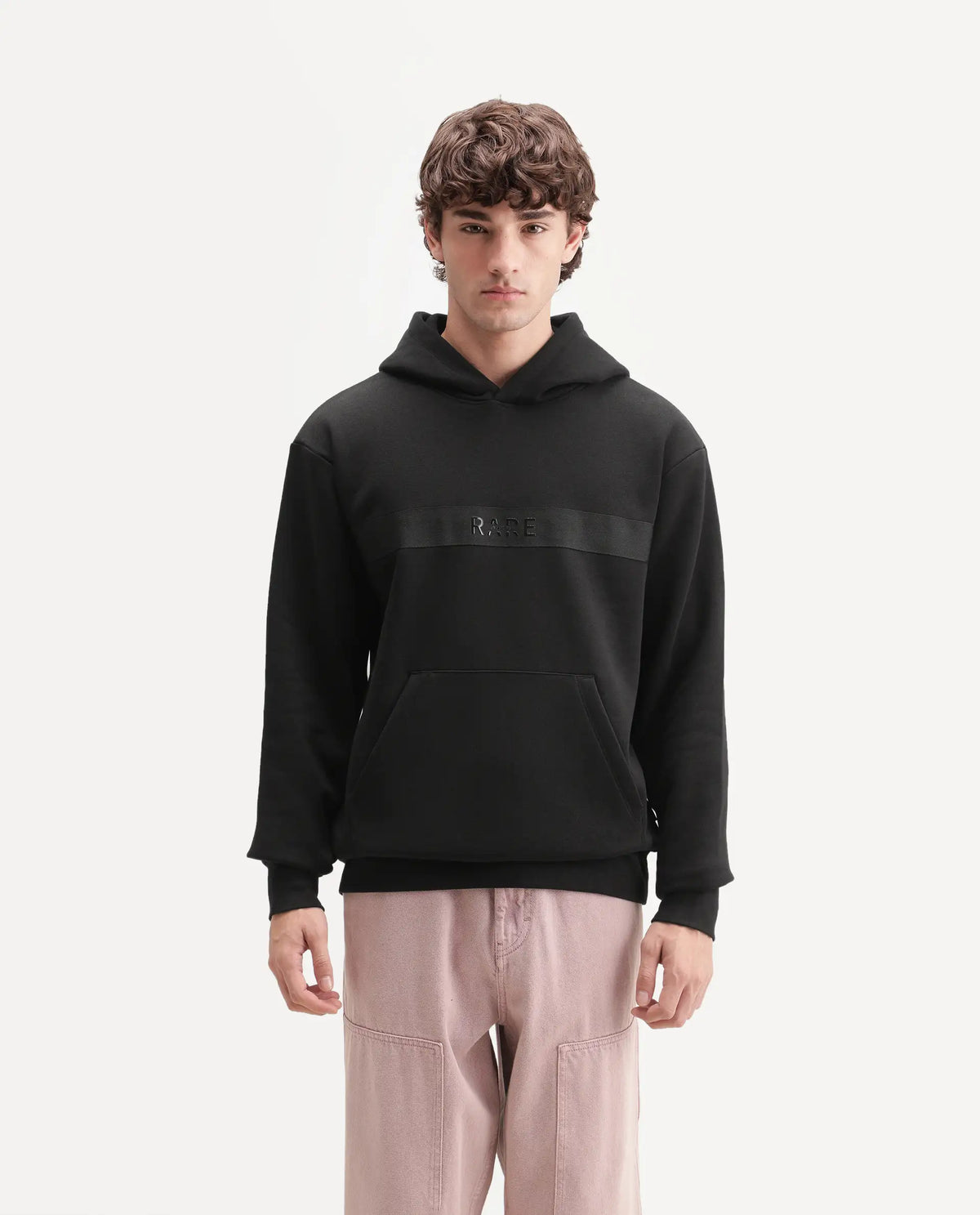 Rare Rabbit Men's Brun Primary Black Cotton Blend Hooded Regular Plain Sweatshirt
