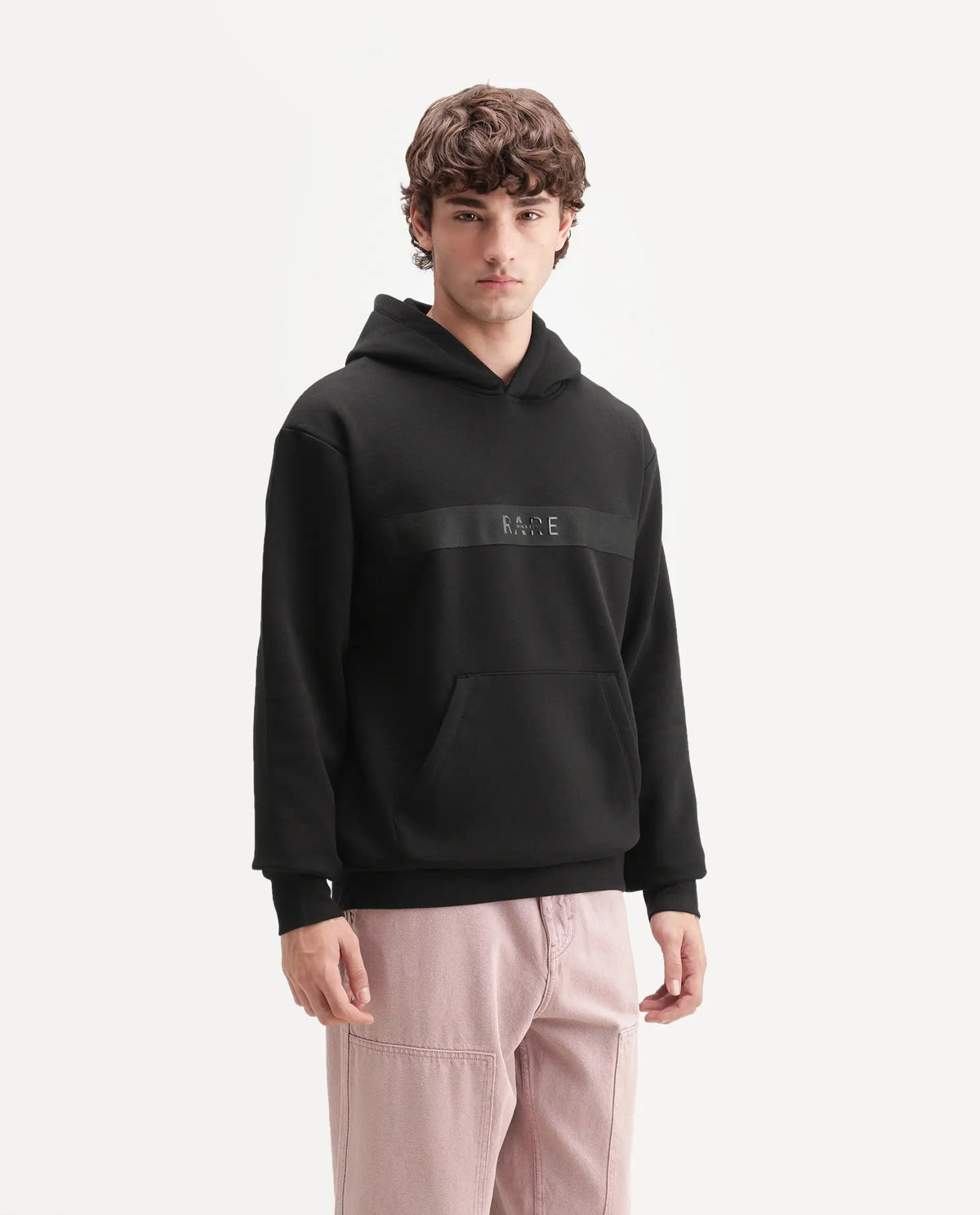 Rare Rabbit Men's Brun Primary Black Cotton Blend Hooded Regular Plain Sweatshirt