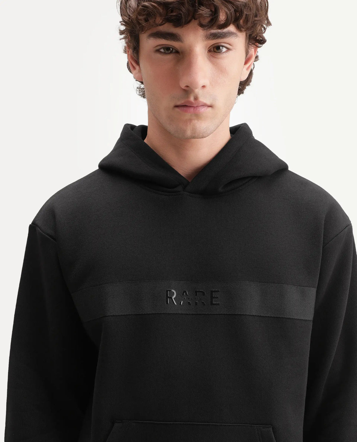 Rare Rabbit Men's Brun Primary Black Cotton Blend Hooded Regular Plain Sweatshirt