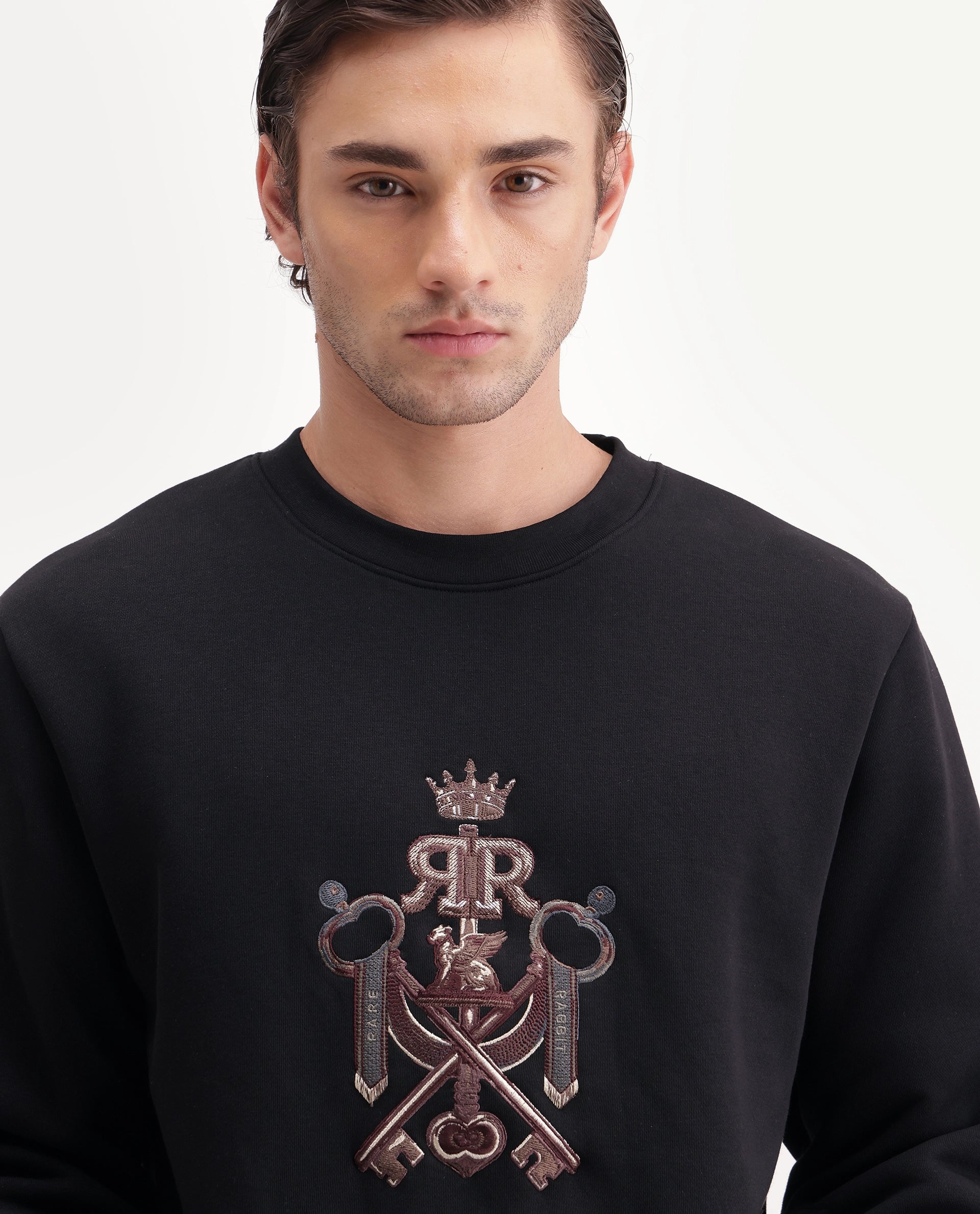 Rare Rabbit Men's Cret Primary Black Cotton Blend Crew Neck Regular Graphic Print Sweatshirt