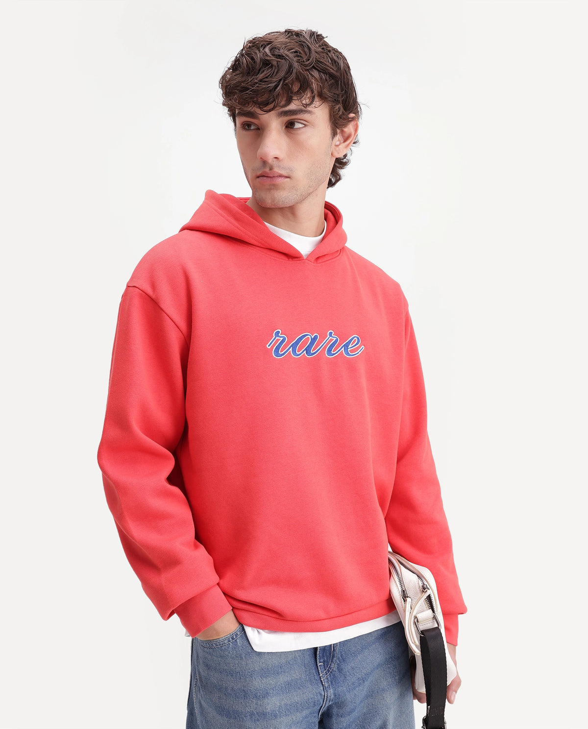 Rare Rabbit Men's Kiay Primary Red Cotton Blend Hooded Regular Embroidered Sweatshirt