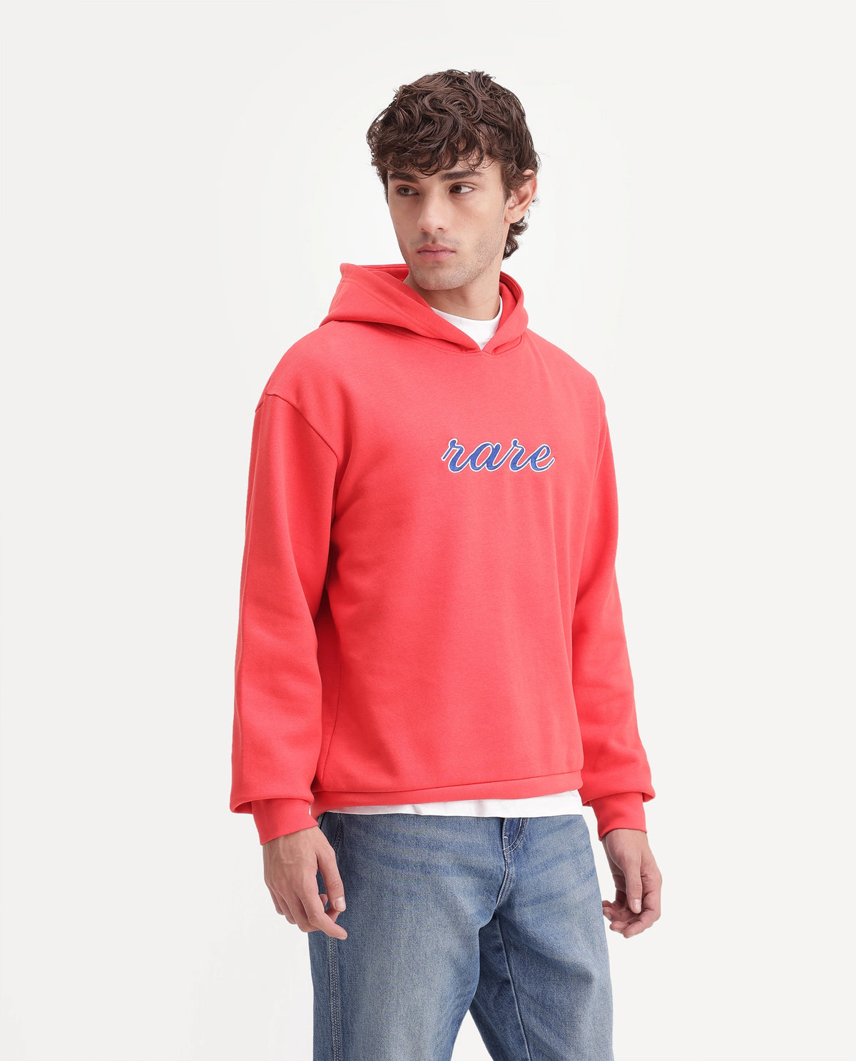 Rare Rabbit Men's Kiay Primary Red Cotton Blend Hooded Regular Embroidered Sweatshirt