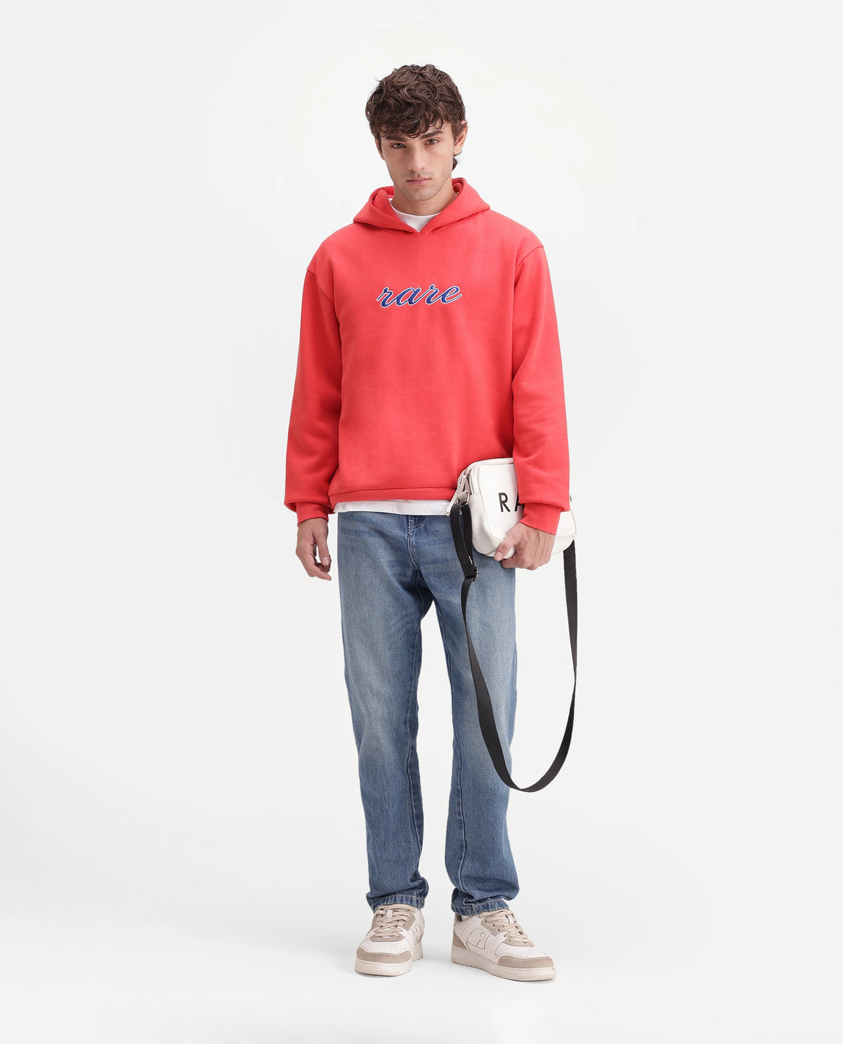 Rare Rabbit Men's Kiay Primary Red Cotton Blend Hooded Regular Embroidered Sweatshirt