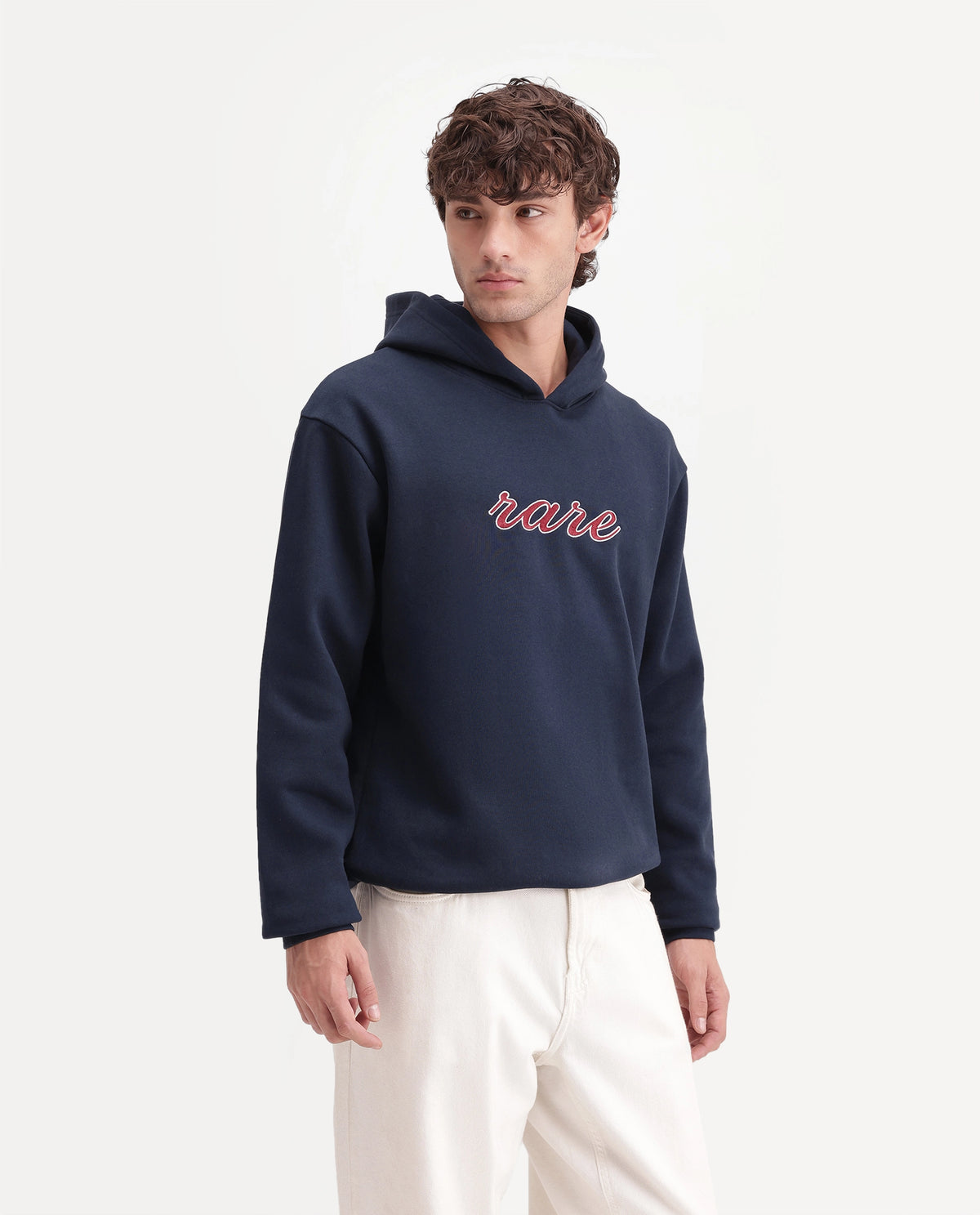 Rare Rabbit Men's Kiay Primary Navy Cotton Blend Hooded Regular Embroidered Sweatshirt