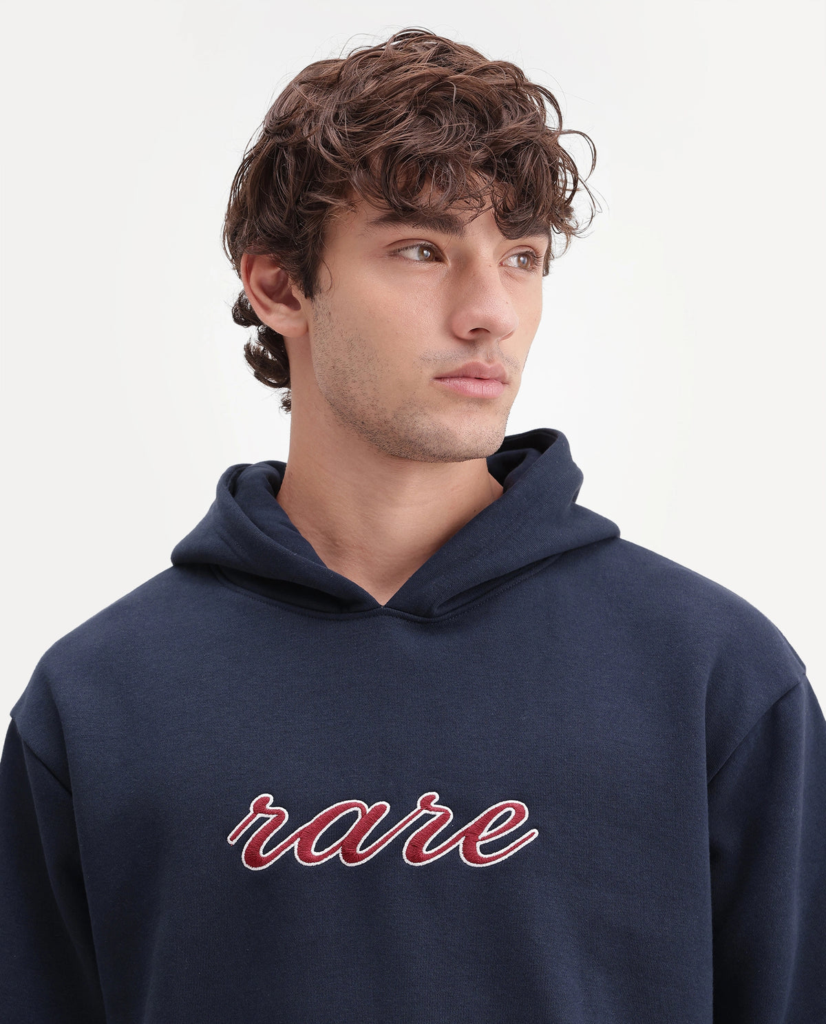 Rare Rabbit Men's Kiay Primary Navy Cotton Blend Hooded Regular Embroidered Sweatshirt
