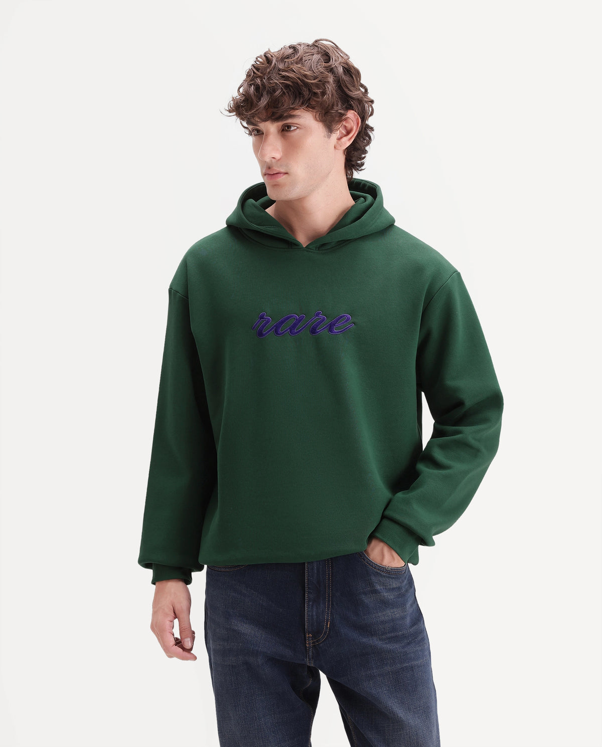 Rare Rabbit Men's Kiay Dark Green Cotton Blend Hooded Regular Embroidered Sweatshirt