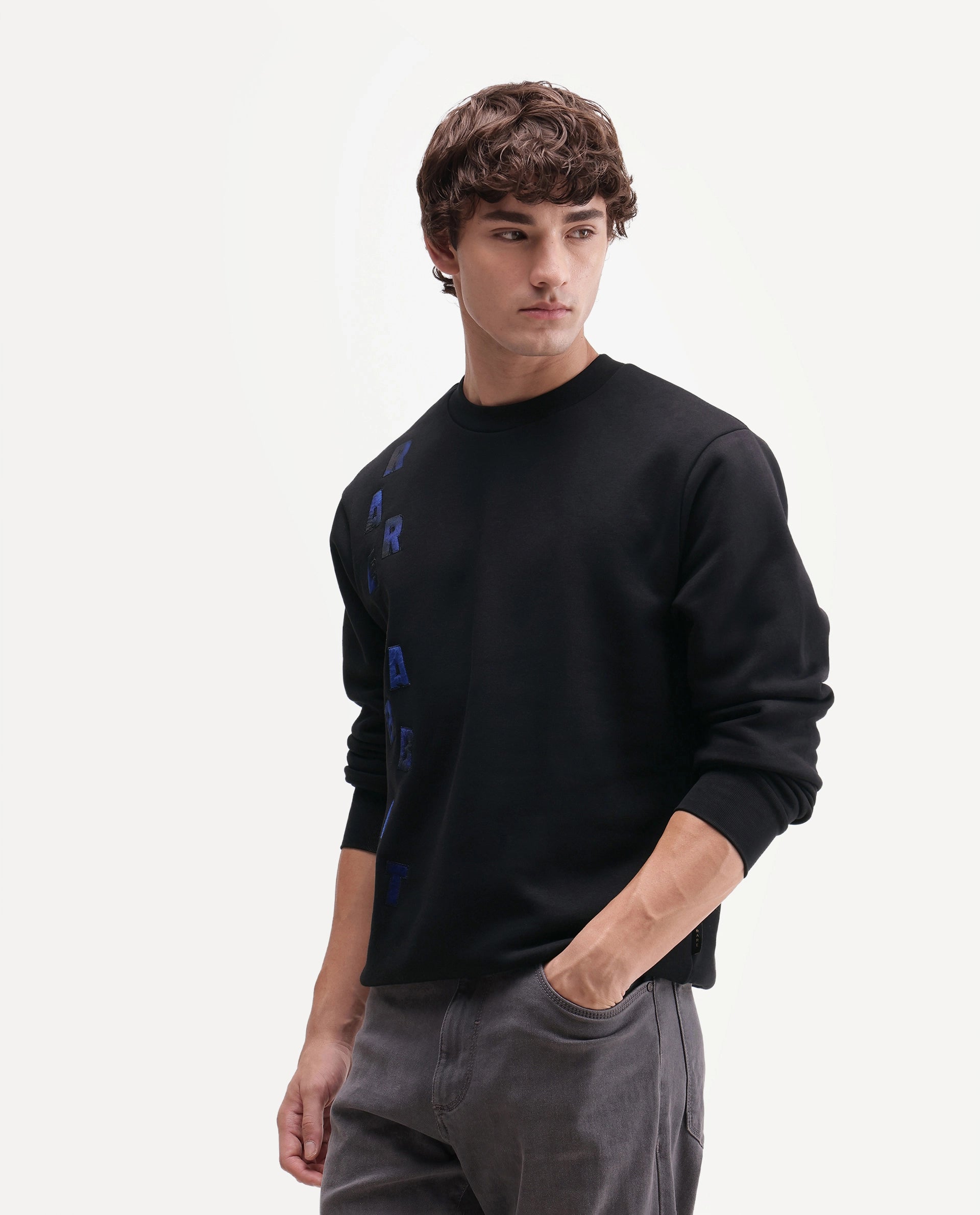 Rare Rabbit Men's Ideo Primary Black Cotton Blend Crew Neck Regular Graphic Print Sweatshirt