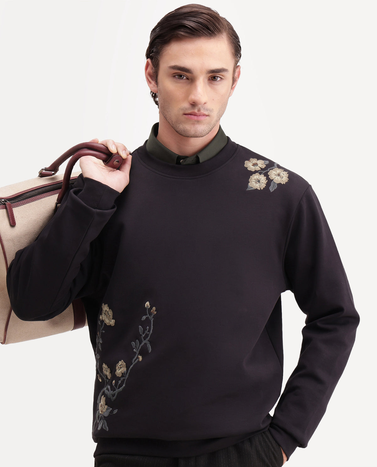 Rare Rabbit Men's Floa Primary Black Cotton Blend Crew Neck Regular Embroidered Sweatshirt