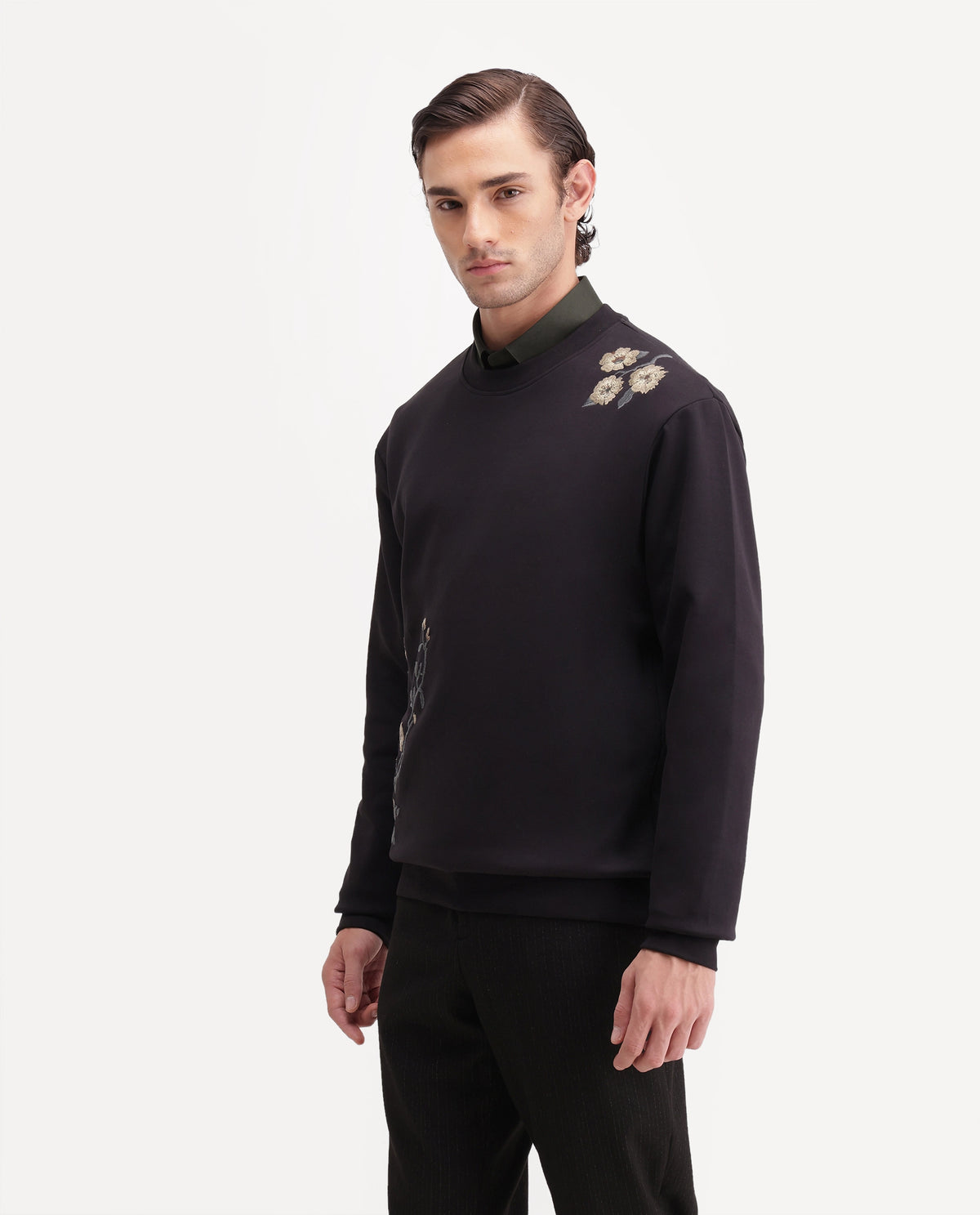 Rare Rabbit Men's Floa Primary Black Cotton Blend Crew Neck Regular Embroidered Sweatshirt