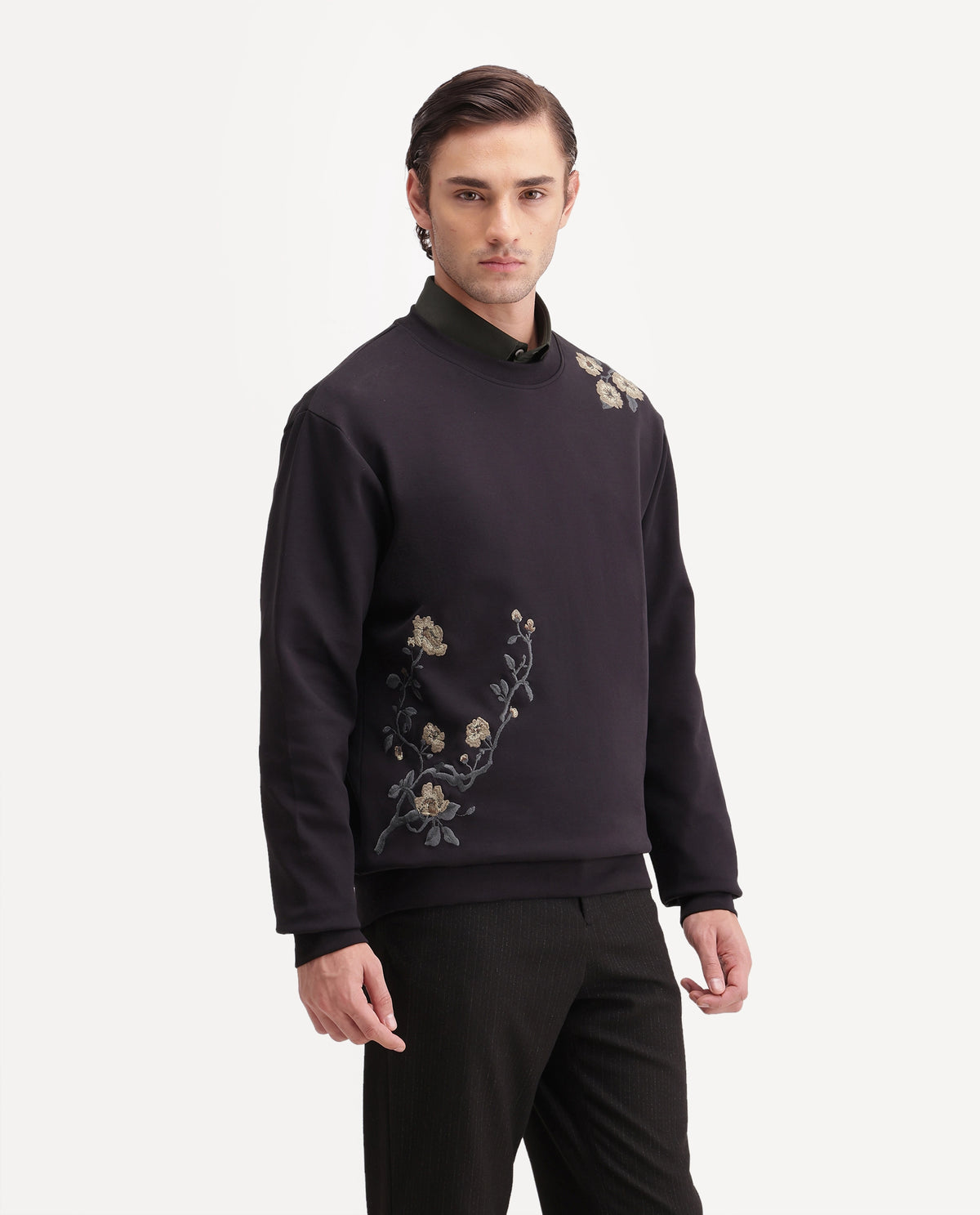 Rare Rabbit Men's Floa Primary Black Cotton Blend Crew Neck Regular Embroidered Sweatshirt