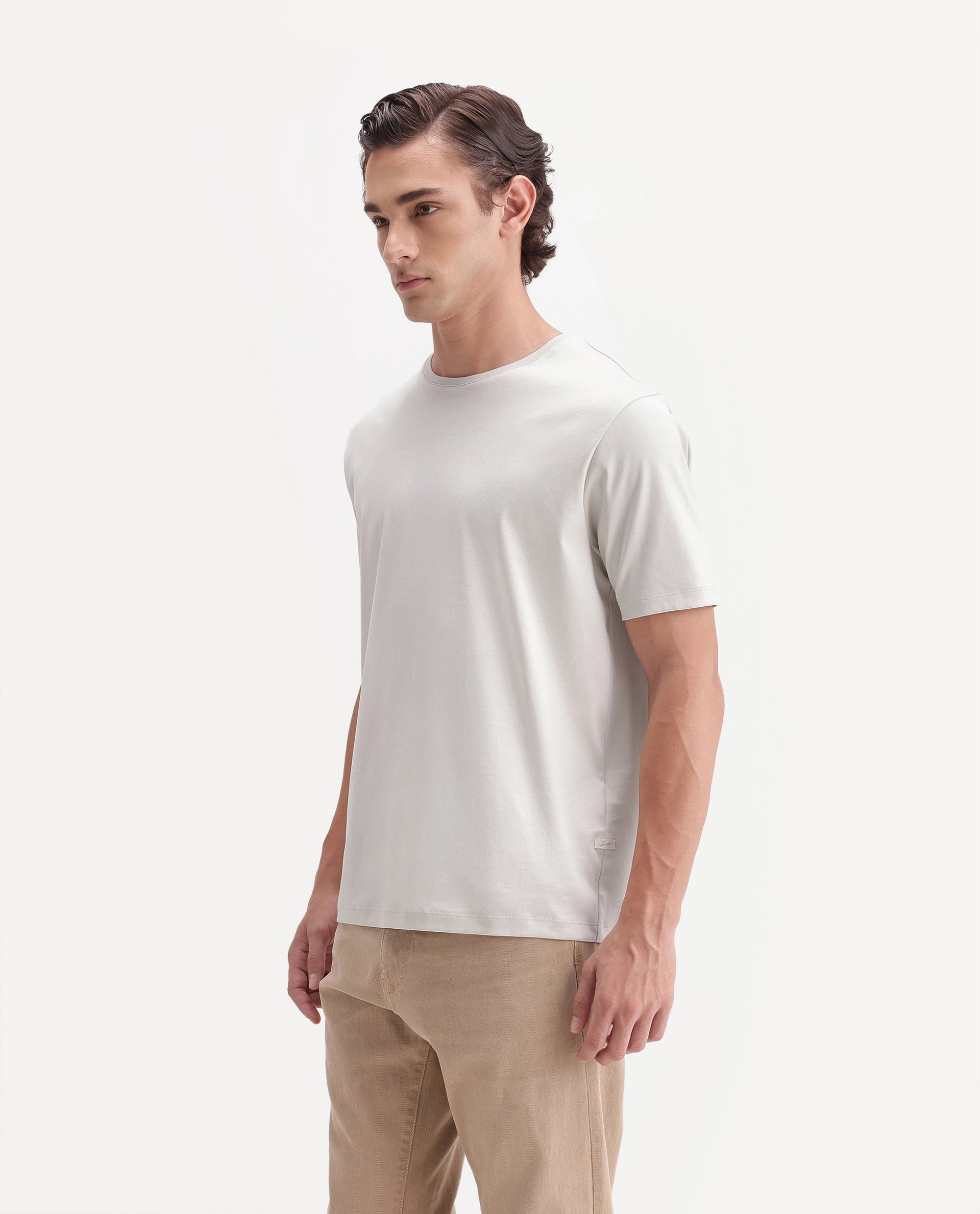 Rare Rabbit Men's Gist Light Beige Cotton Crew Neck Regular Plain T-Shirt