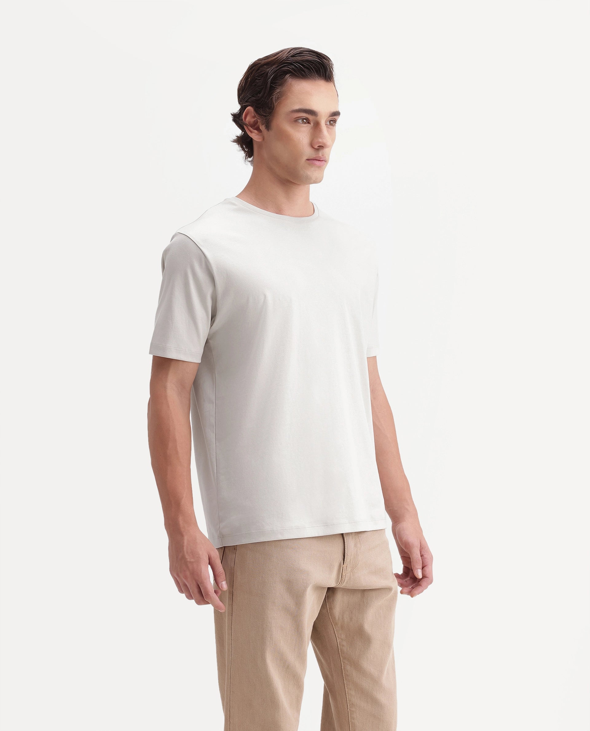 Rare Rabbit Men's Gist Light Beige Cotton Crew Neck Regular Plain T-Shirt