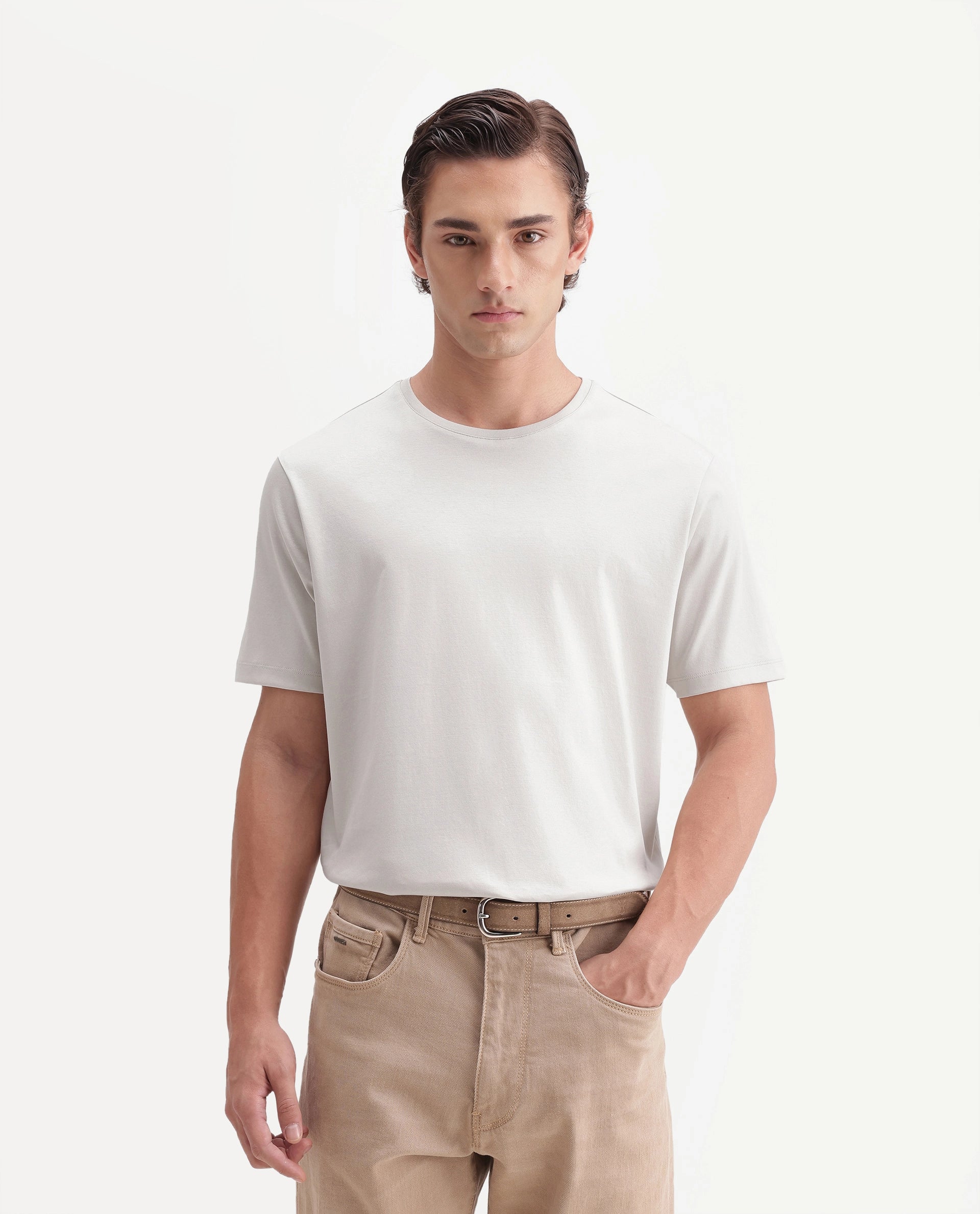 Rare Rabbit Men's Gist Light Beige Cotton Crew Neck Regular Plain T-Shirt