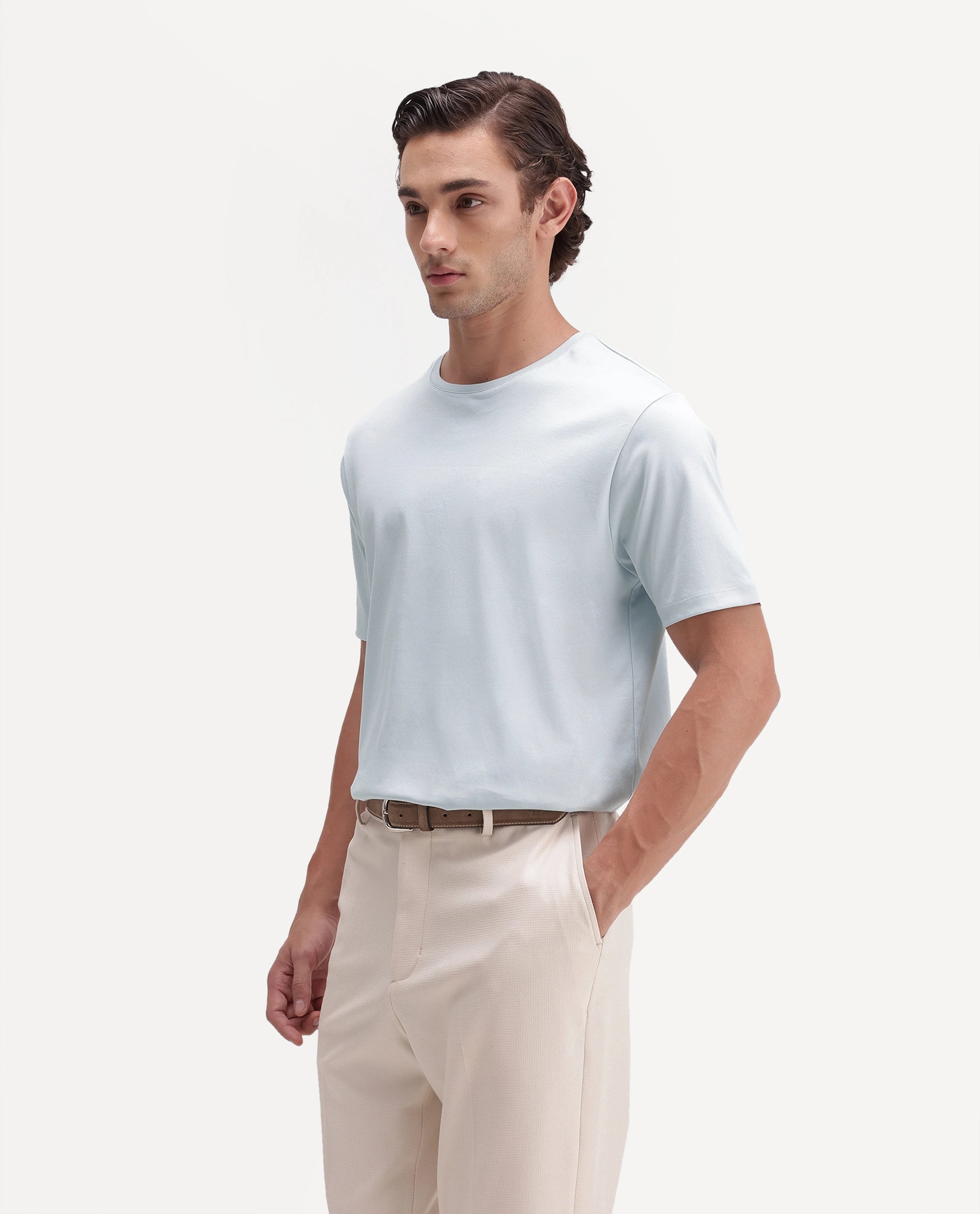Rare Rabbit Men's Gist Light Blue Cotton Crew Neck Regular Plain T-Shirt