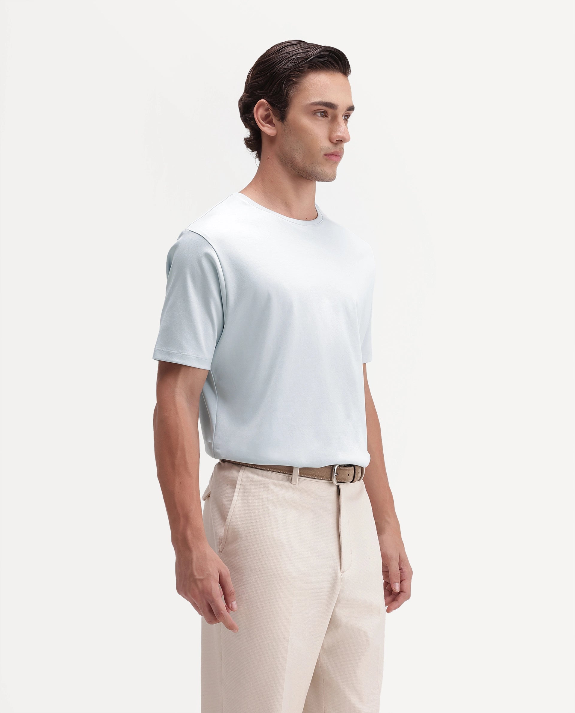 Rare Rabbit Men's Gist Light Blue Cotton Crew Neck Regular Plain T-Shirt