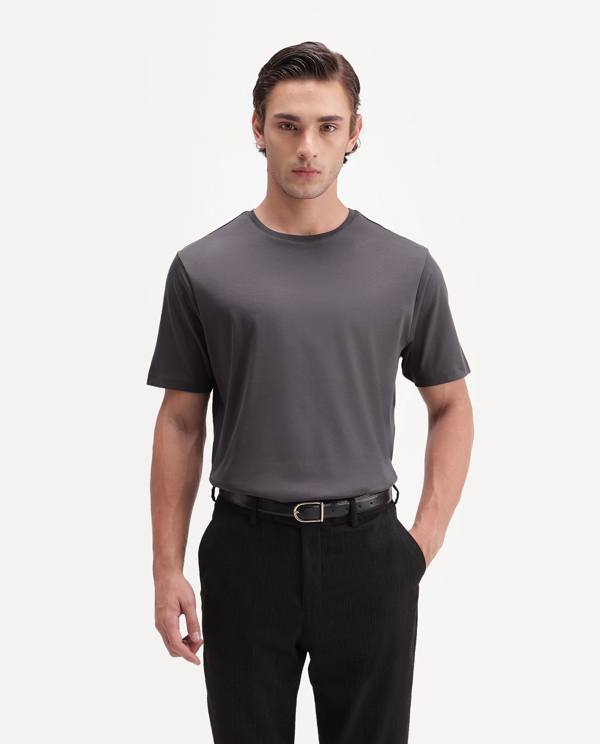 Rare Rabbit Men's Gist Dark Grey Cotton Crew Neck Regular Plain T-Shirt