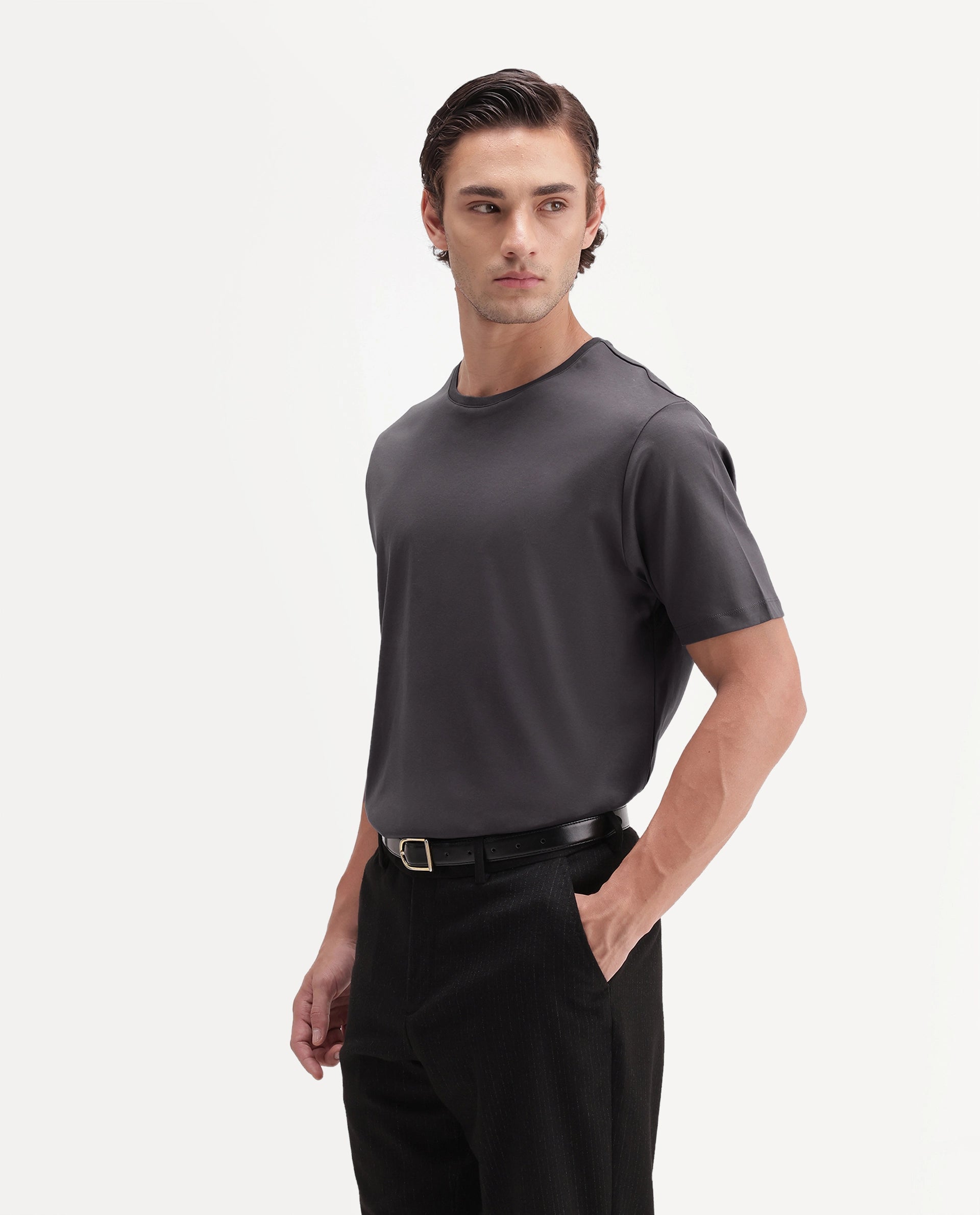 Rare Rabbit Men's Gist Dark Grey Cotton Crew Neck Regular Plain T-Shirt