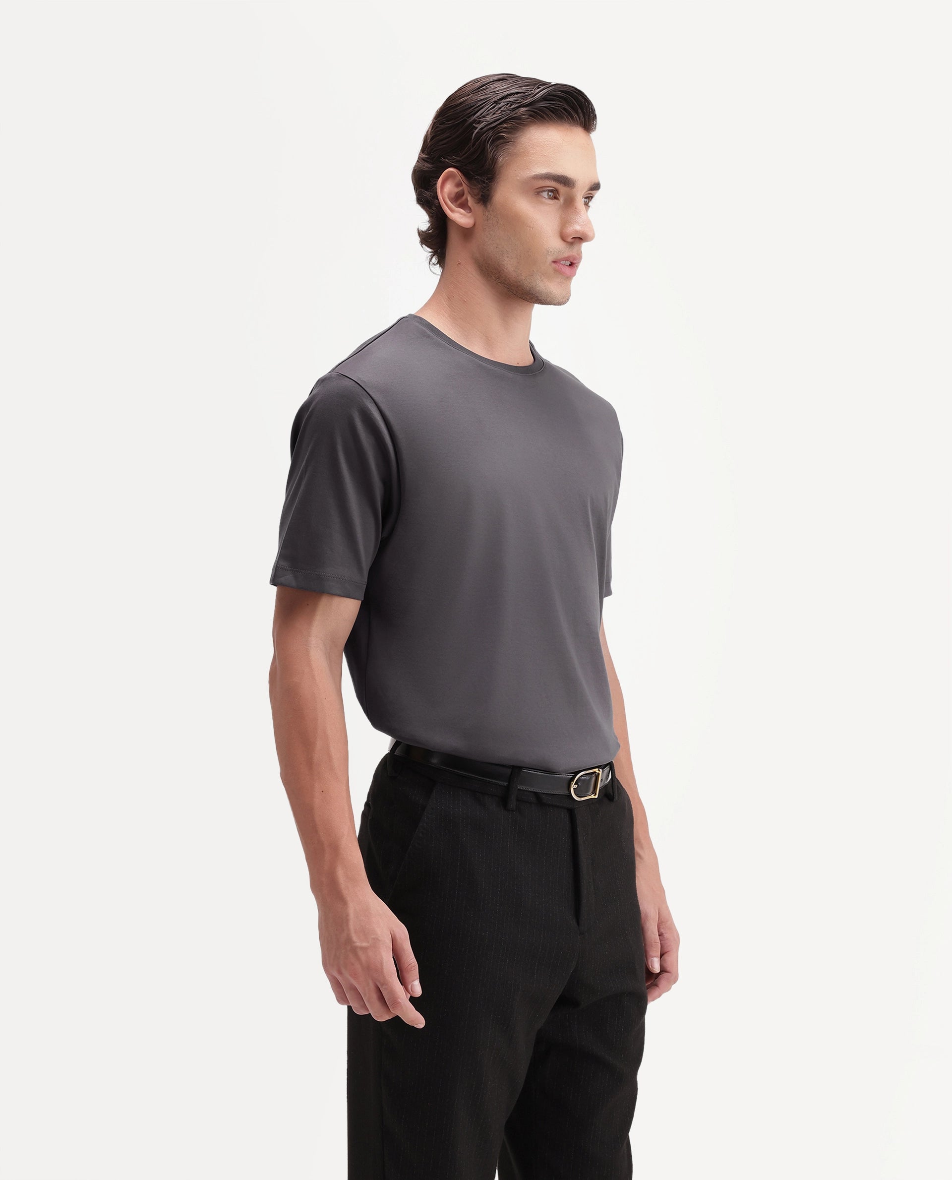 Rare Rabbit Men's Gist Dark Grey Cotton Crew Neck Regular Plain T-Shirt