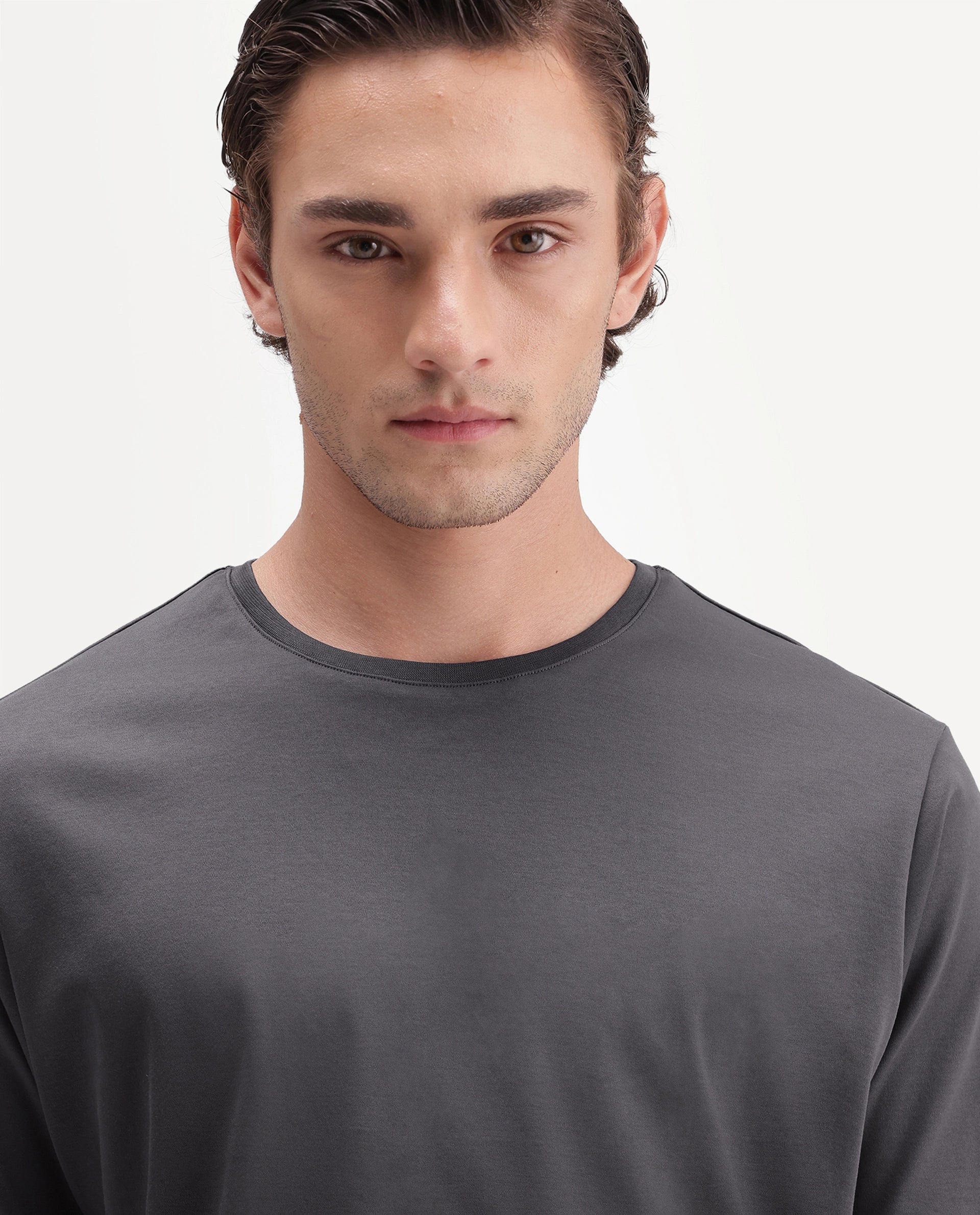 Rare Rabbit Men's Gist Dark Grey Cotton Crew Neck Regular Plain T-Shirt