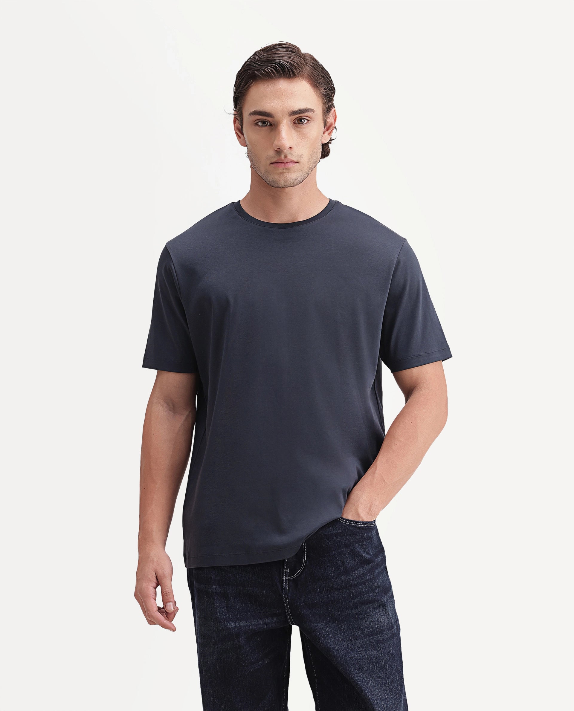 Rare Rabbit Men's Gist Primary Navy Cotton Crew Neck Regular Plain T-Shirt