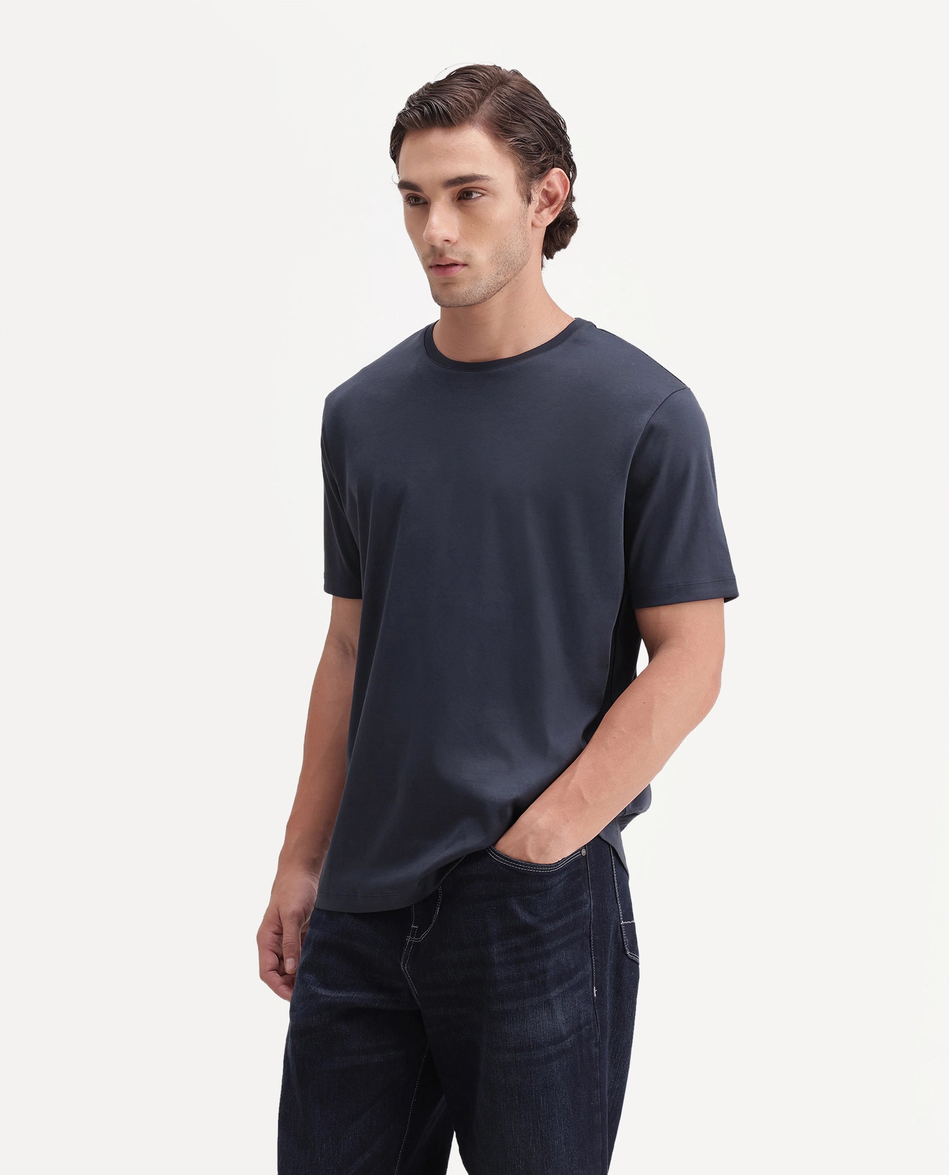 Rare Rabbit Men's Gist Primary Navy Cotton Crew Neck Regular Plain T-Shirt