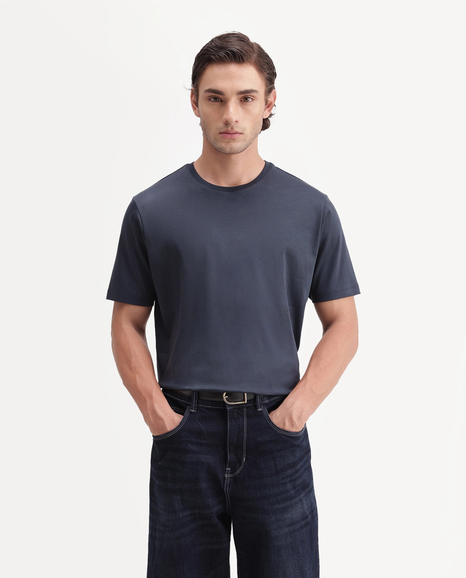 Rare Rabbit Men's Gist Primary Navy Cotton Crew Neck Regular Plain T-Shirt
