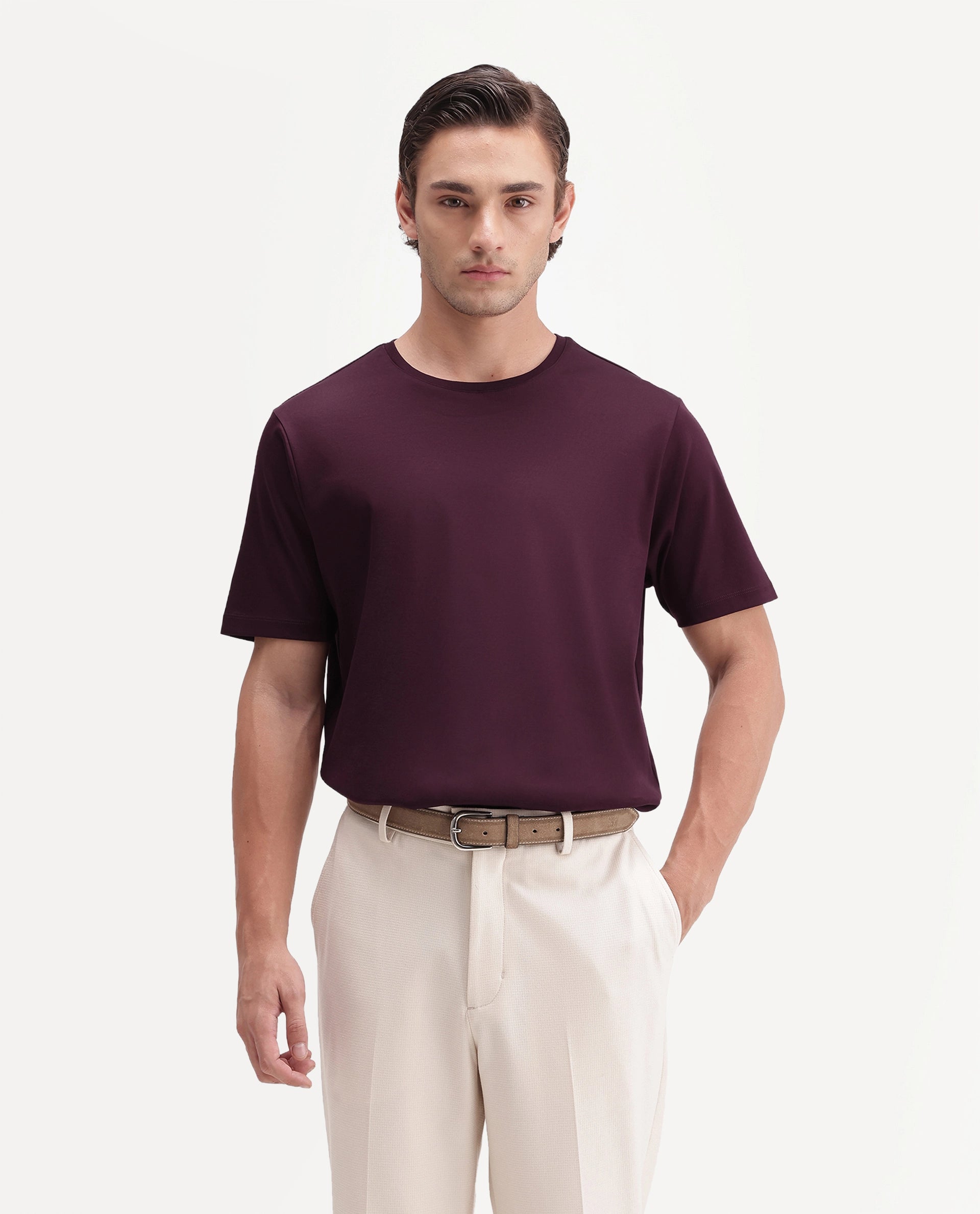 Rare Rabbit Men's Gist Dark Maroon Cotton Crew Neck Regular Plain T-Shirt