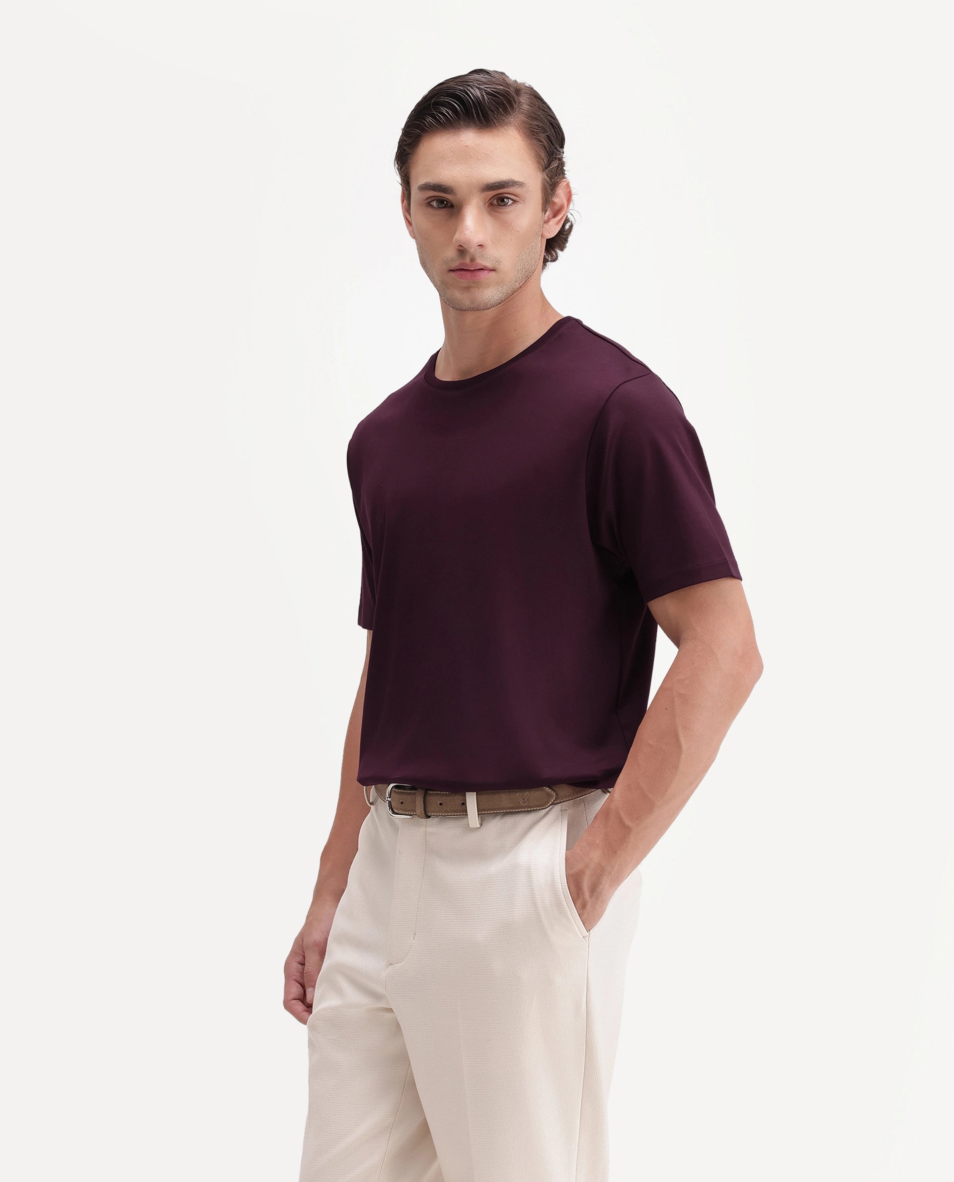 Rare Rabbit Men's Gist Dark Maroon Cotton Crew Neck Regular Plain T-Shirt