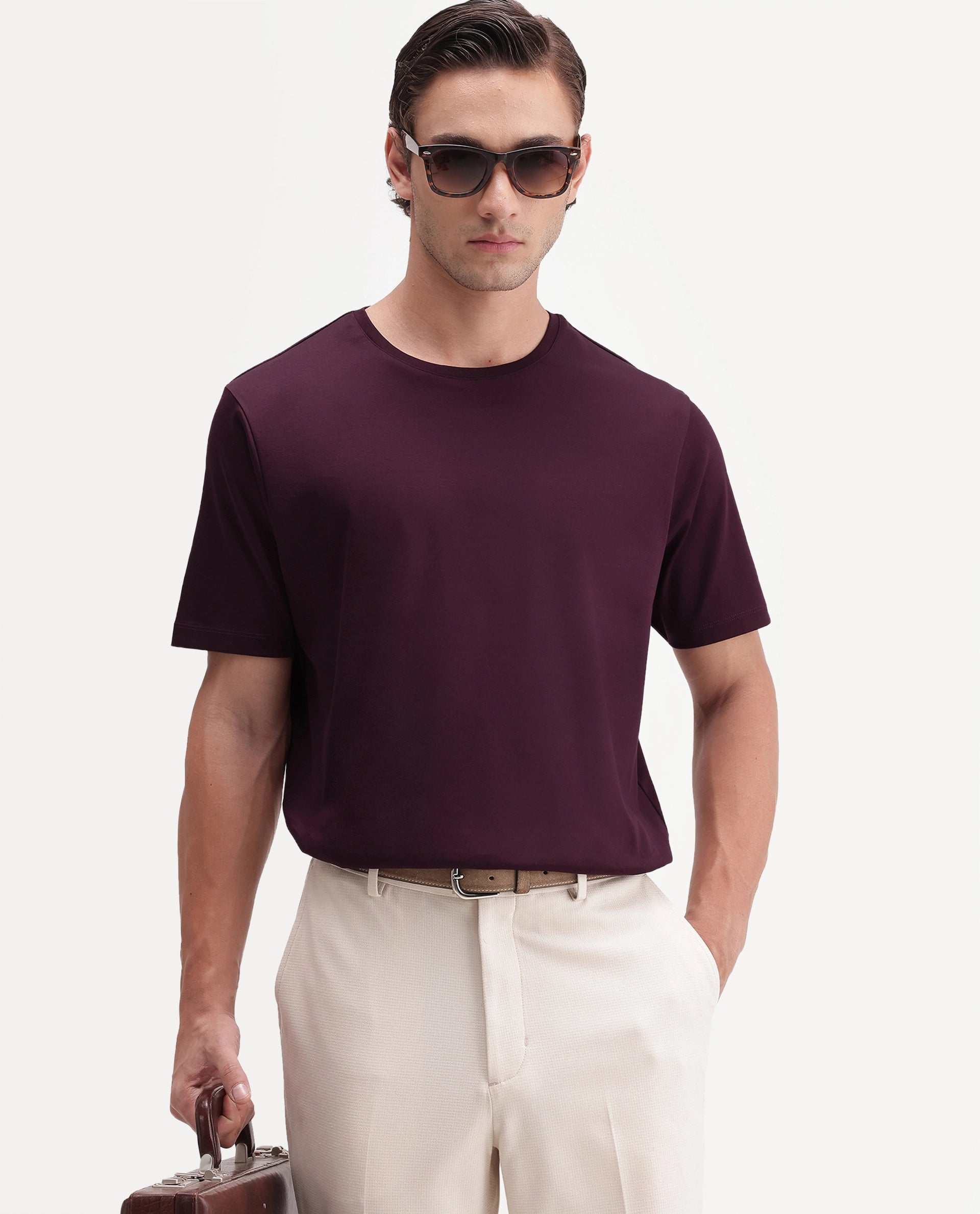 Rare Rabbit Men's Gist Dark Maroon Cotton Crew Neck Regular Plain T-Shirt