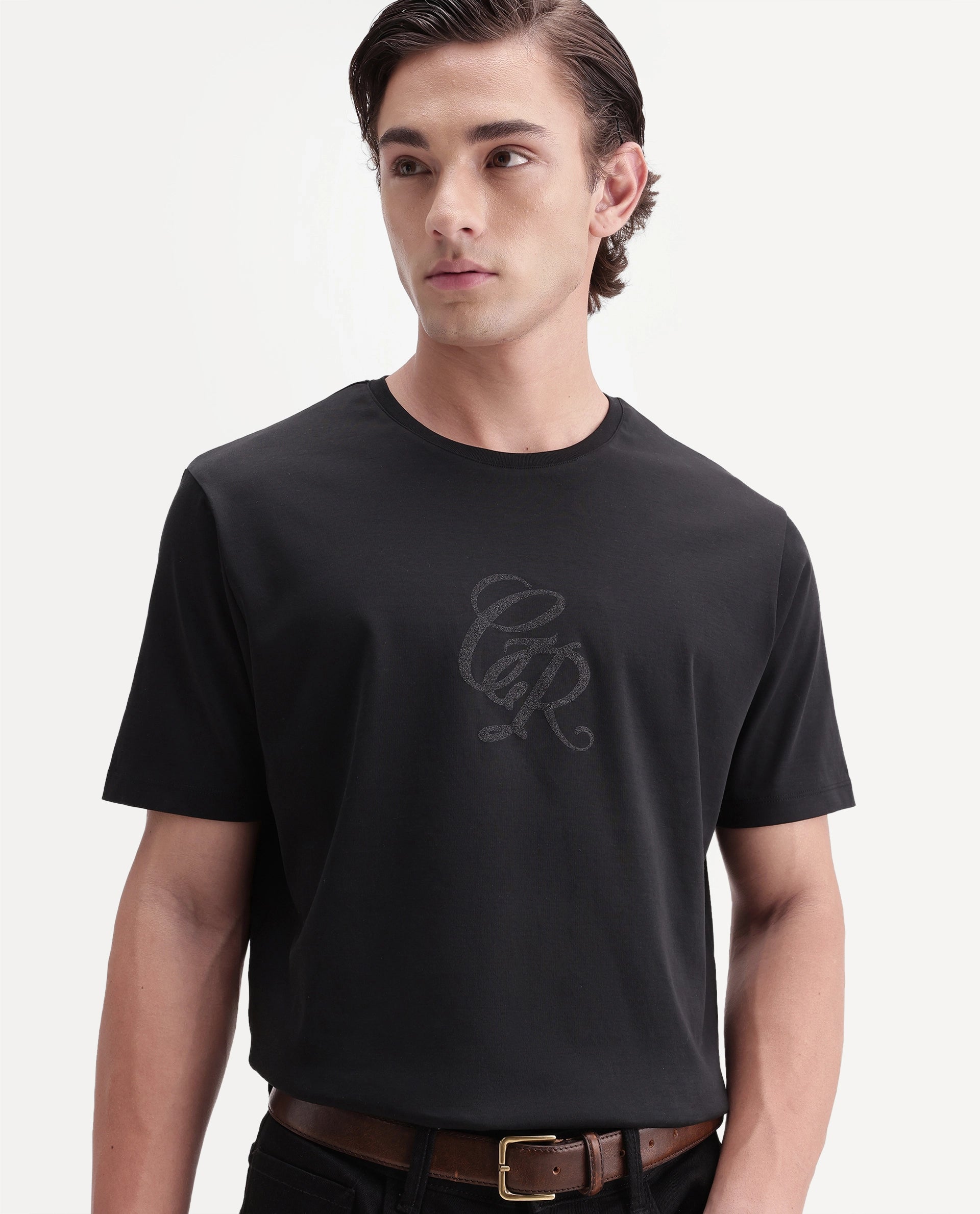 Rare Rabbit Men's Rans Primary Black Cotton Crew Neck Regular Graphic Print T-Shirt