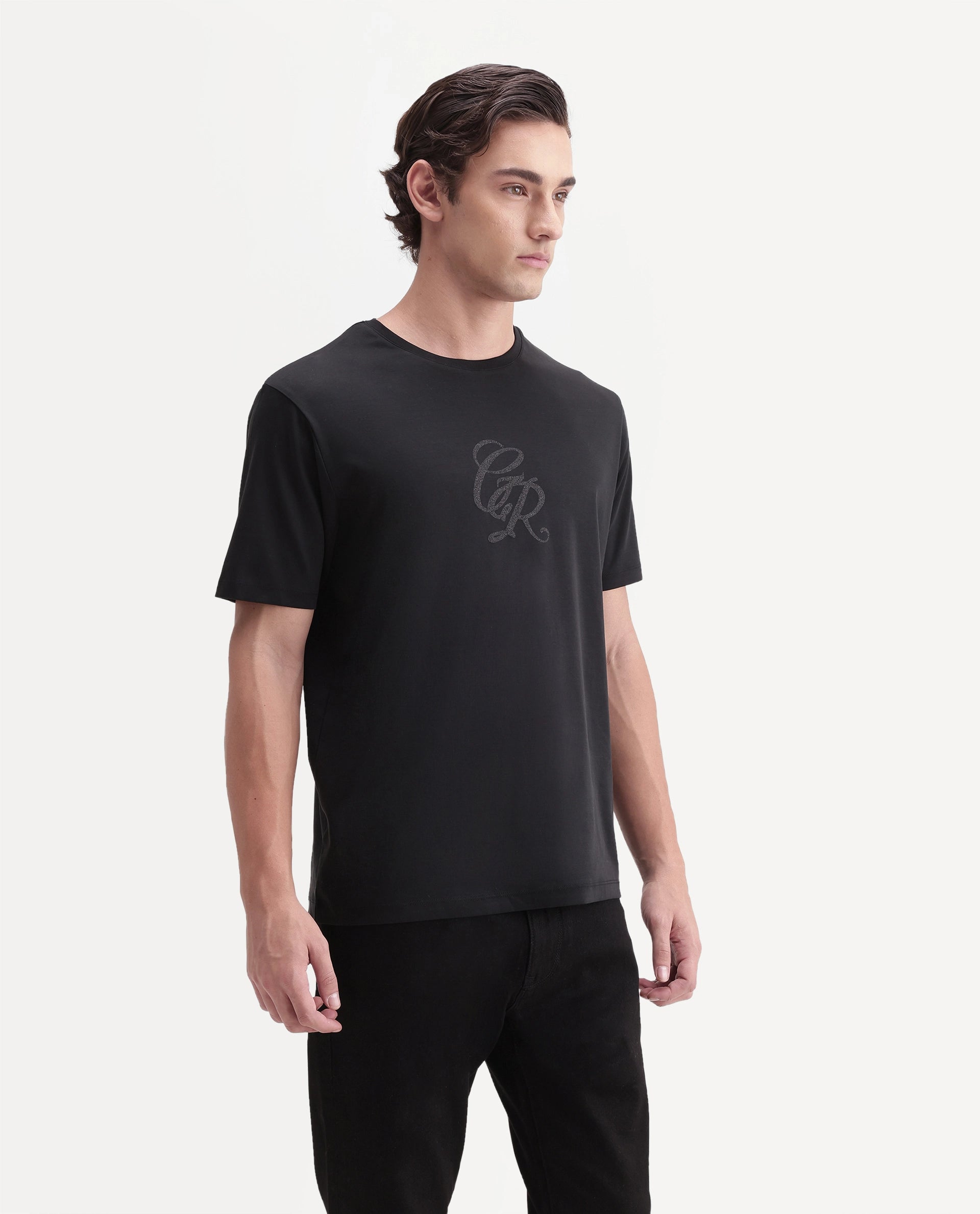 Rare Rabbit Men's Rans Primary Black Cotton Crew Neck Regular Graphic Print T-Shirt