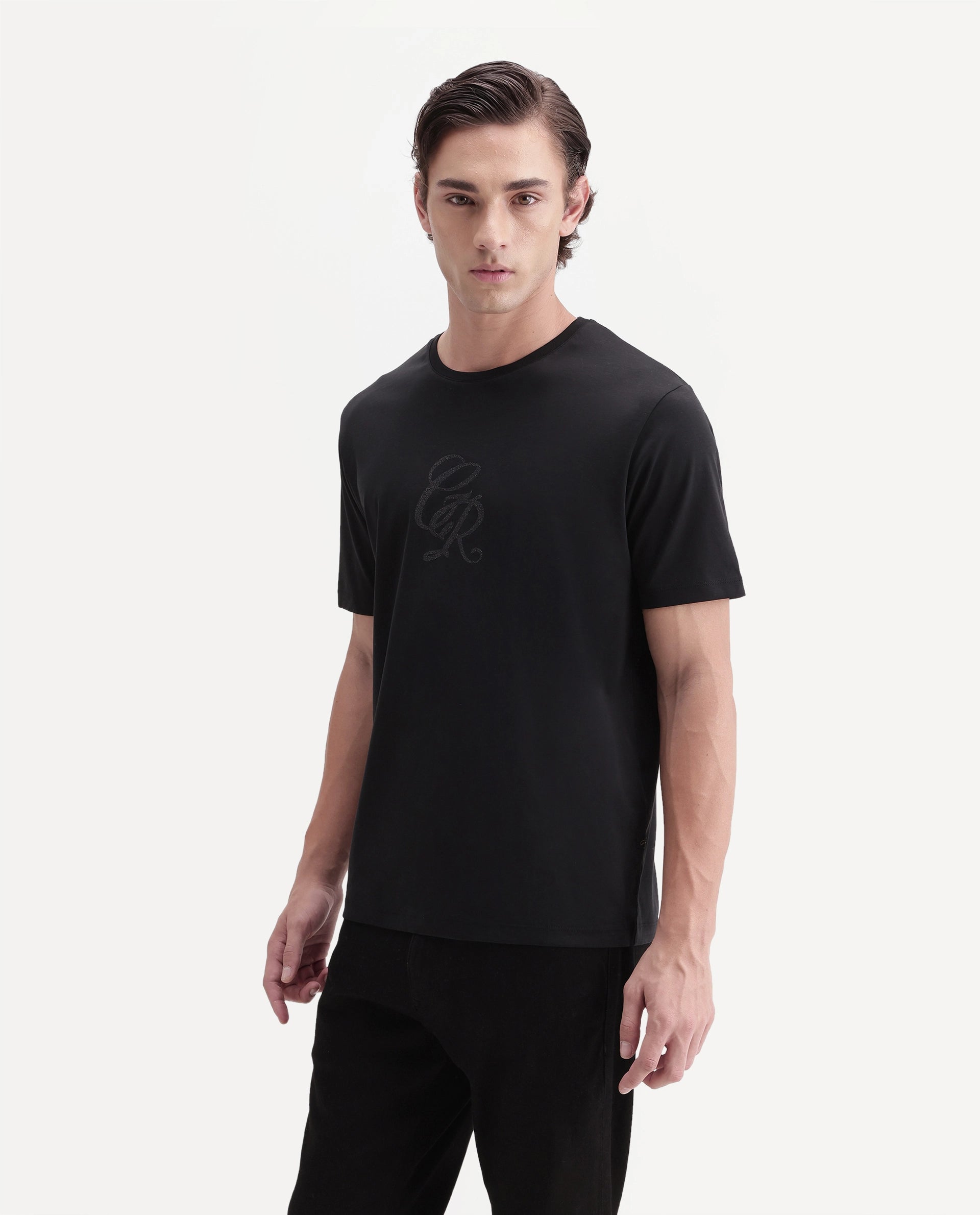 Rare Rabbit Men's Rans Primary Black Cotton Crew Neck Regular Graphic Print T-Shirt