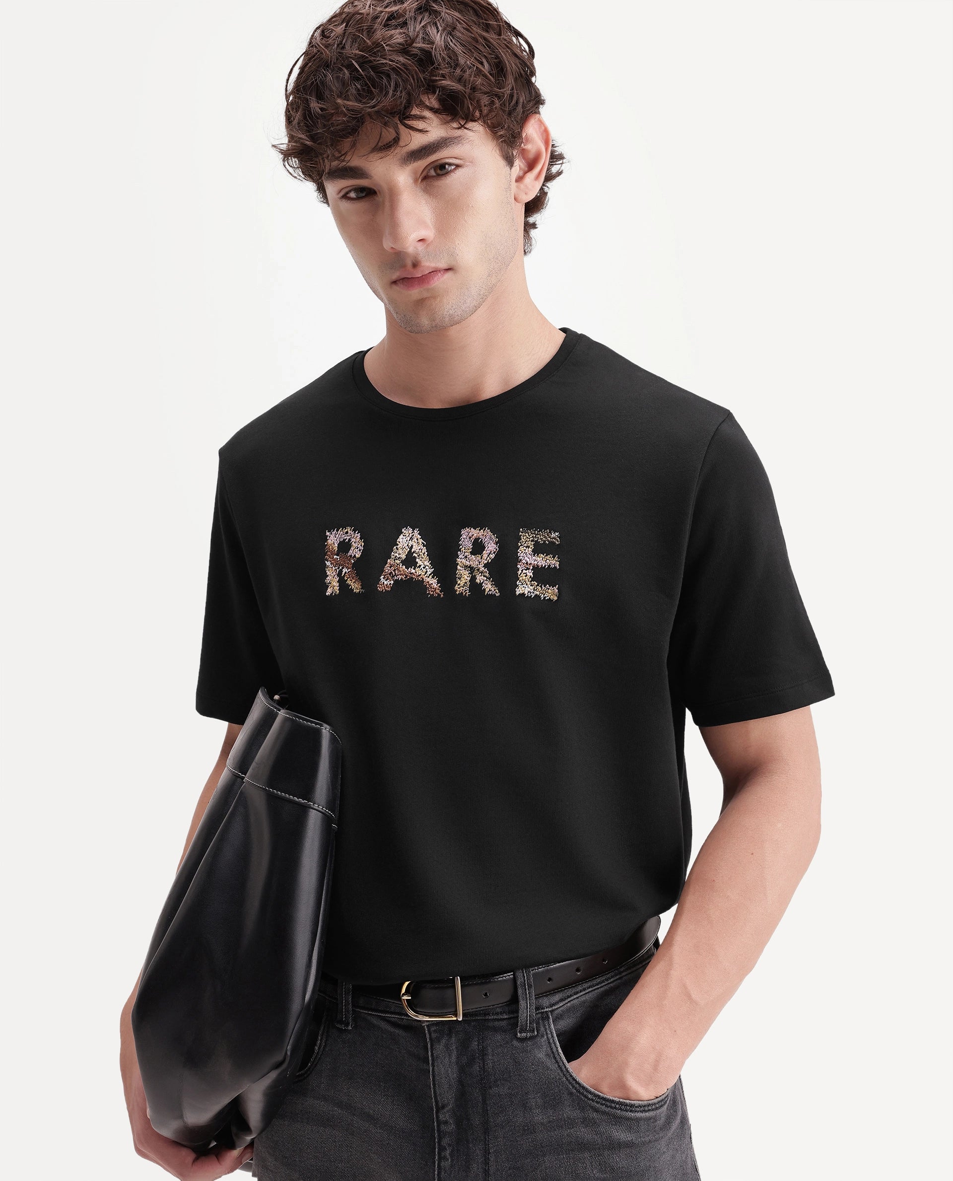 Rare Rabbit Men's Zane Primary Black Cotton Crew Neck Regular Embroidered T-Shirt