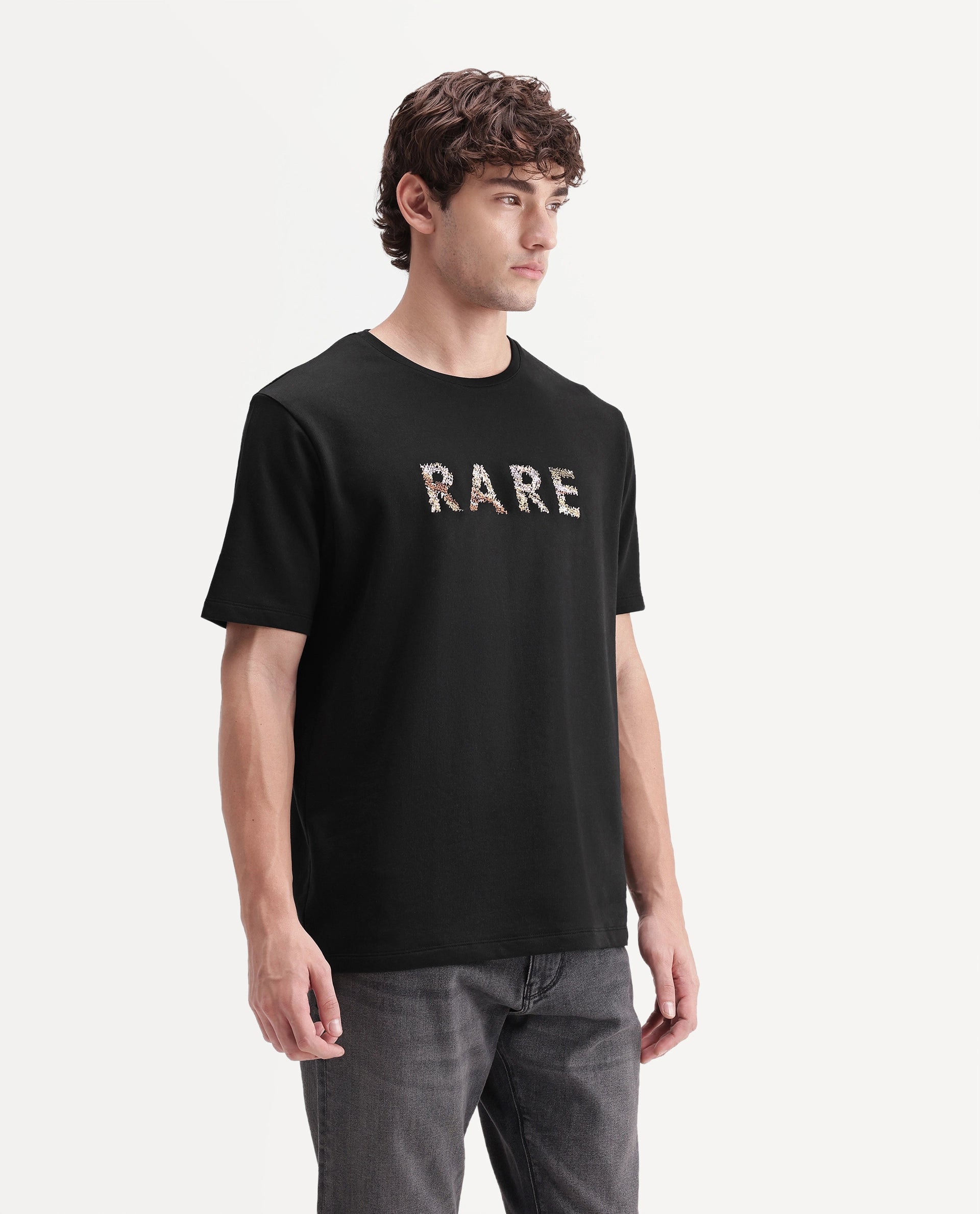 Rare Rabbit Men's Zane Primary Black Cotton Crew Neck Regular Embroidered T-Shirt