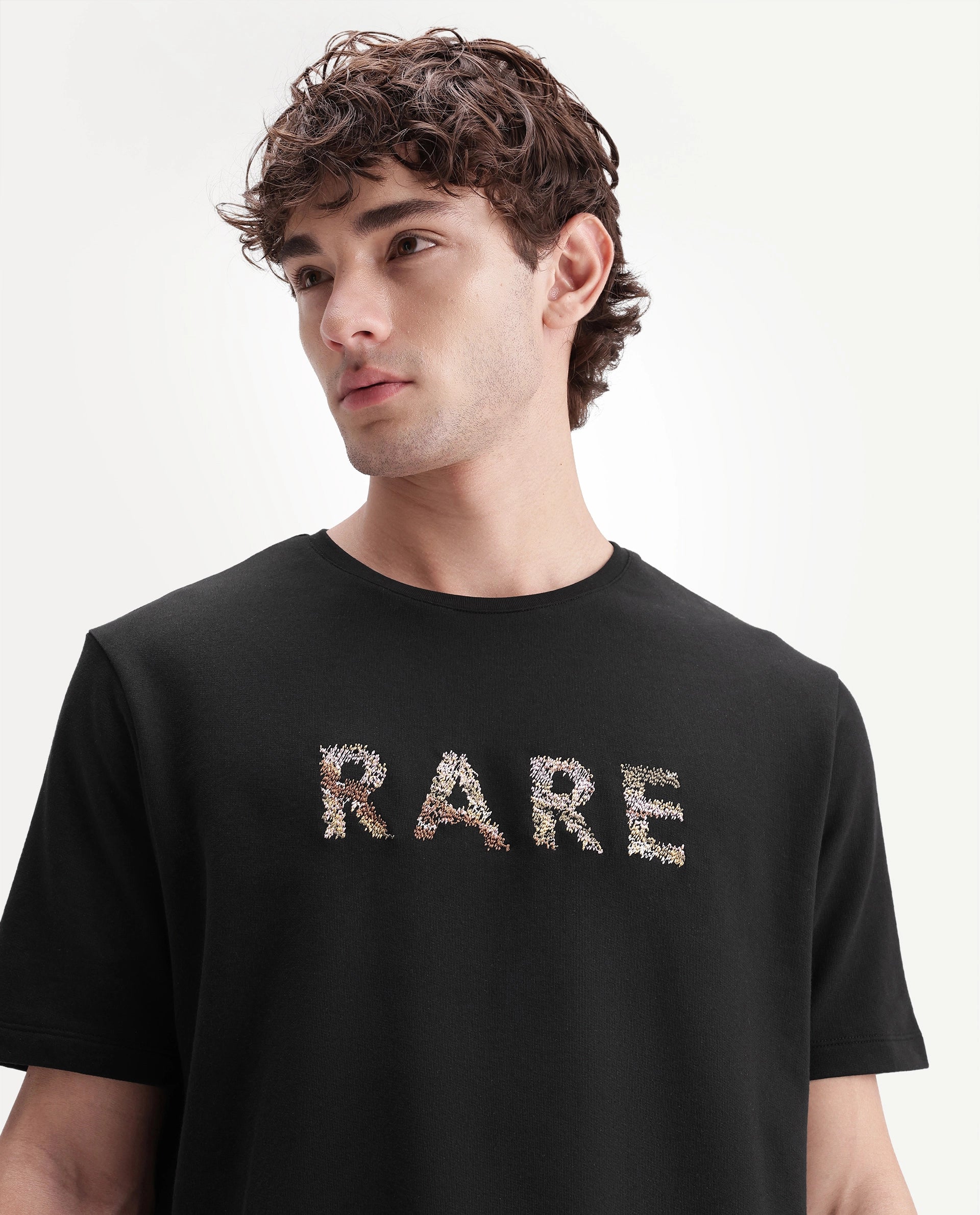 Rare Rabbit Men's Zane Primary Black Cotton Crew Neck Regular Embroidered T-Shirt